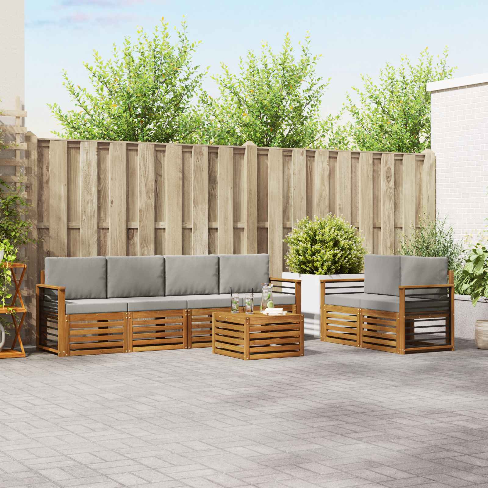 Buiten bankenset met kussen 7 pcs Natuurlijk en Lichtgrijs – afbeelding 1