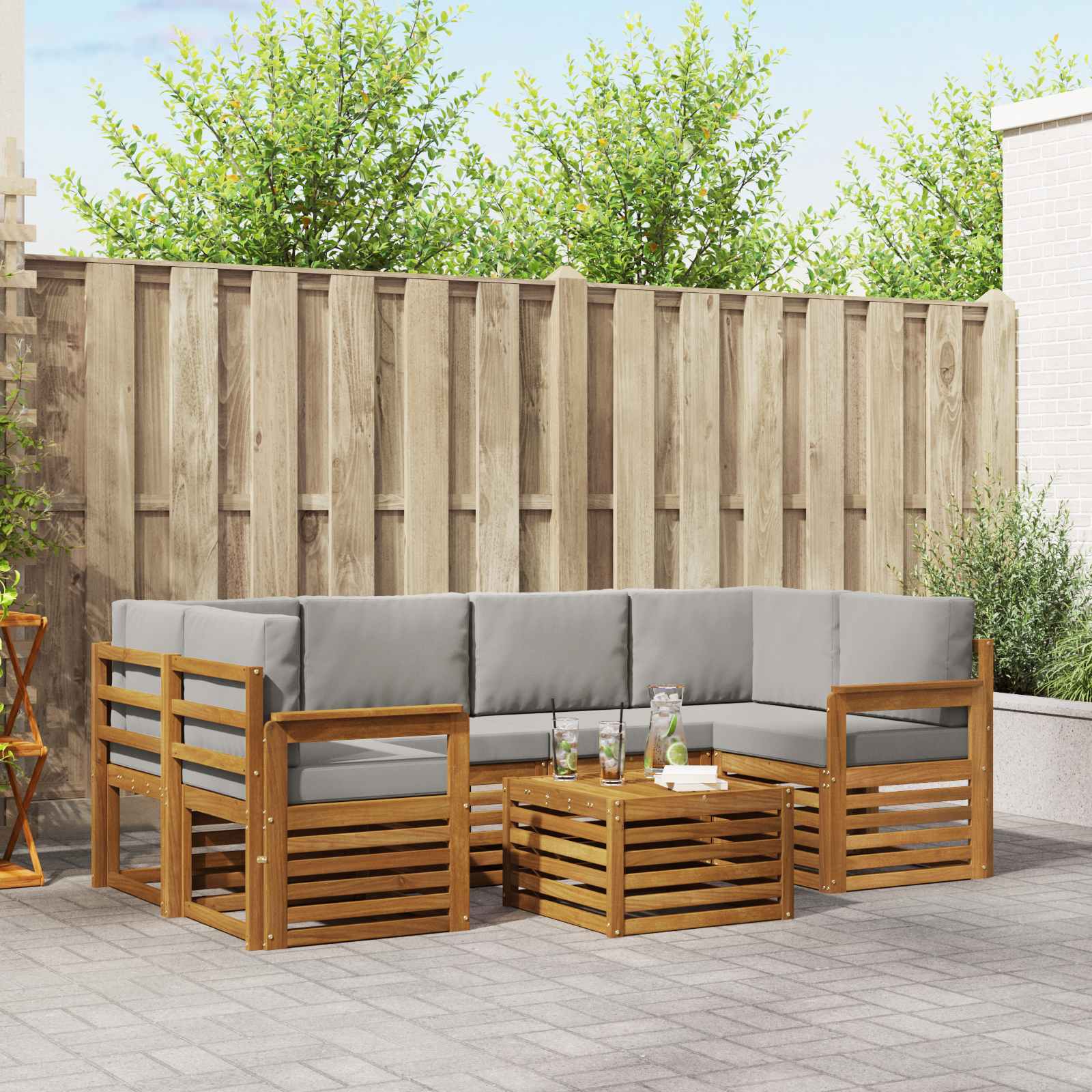 Buiten bankenset met kussen 7 pcs Natuurlijk en Lichtgrijs