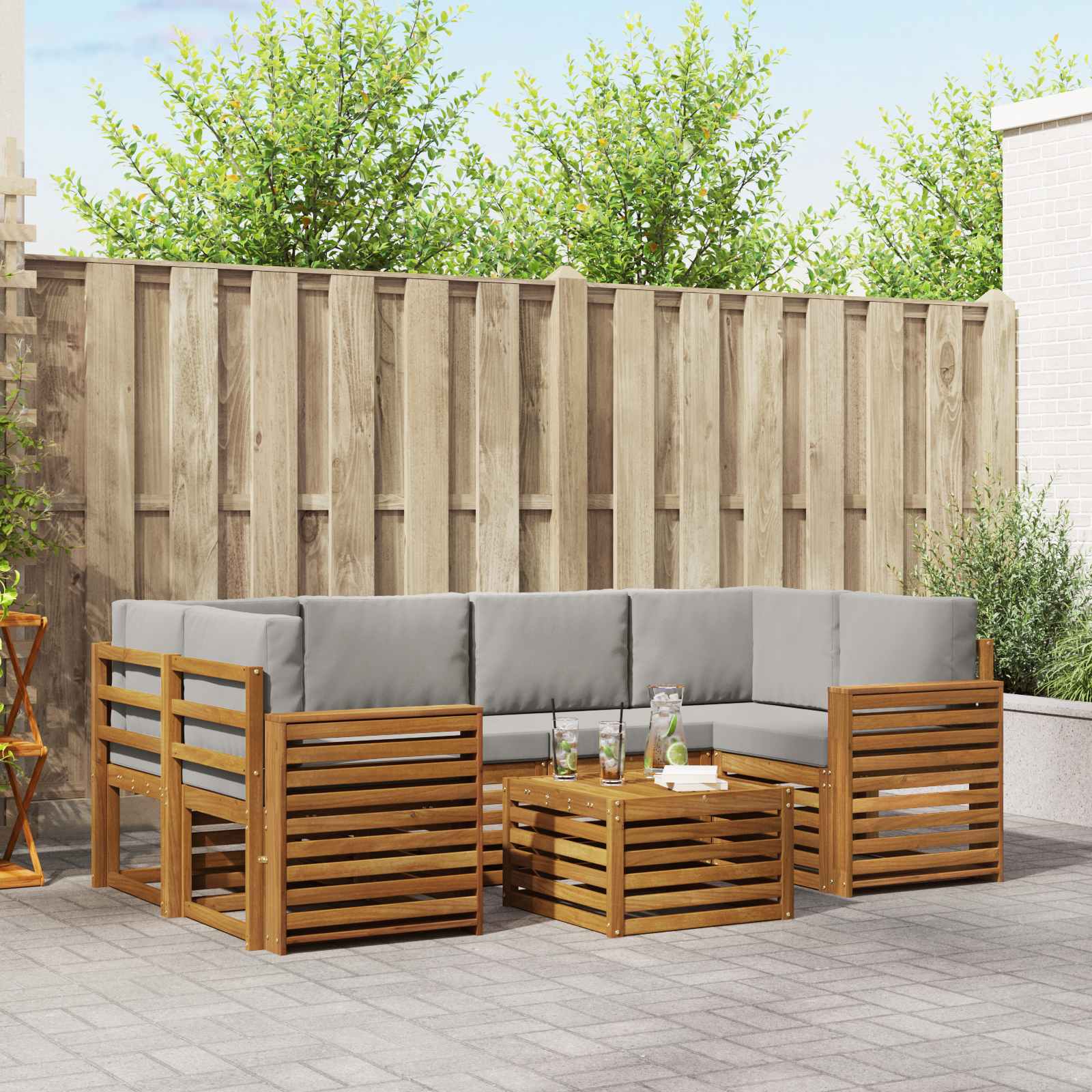 Buiten bankenset met kussen 7 pcs Natuurlijk en Lichtgrijs – afbeelding 1