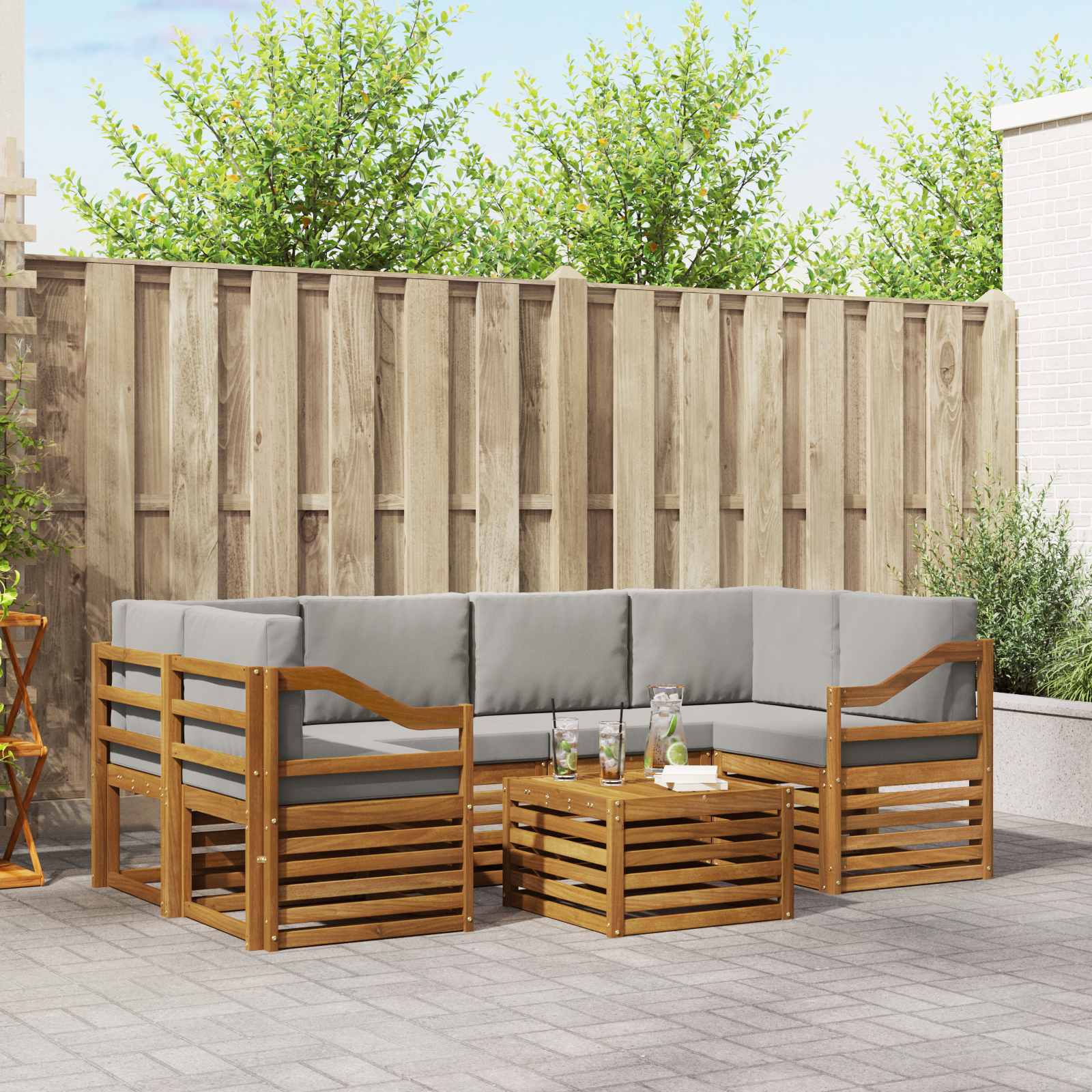 Buiten bankenset met kussen 7 pcs Natuurlijk en Lichtgrijs – afbeelding 1
