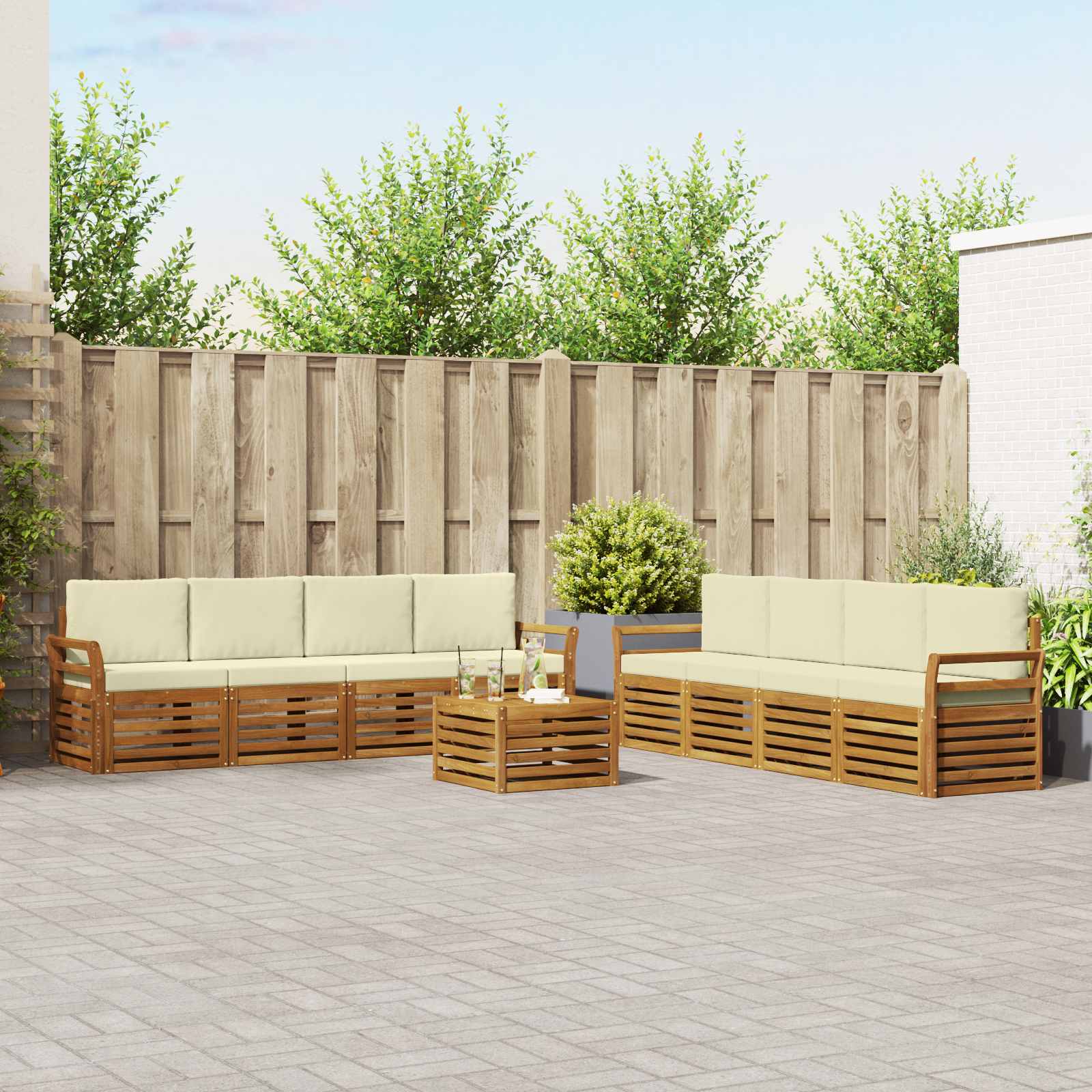 Sofa-Sets 9 pcs Natuurlijk en Crème Massief Acaciahout – afbeelding 1