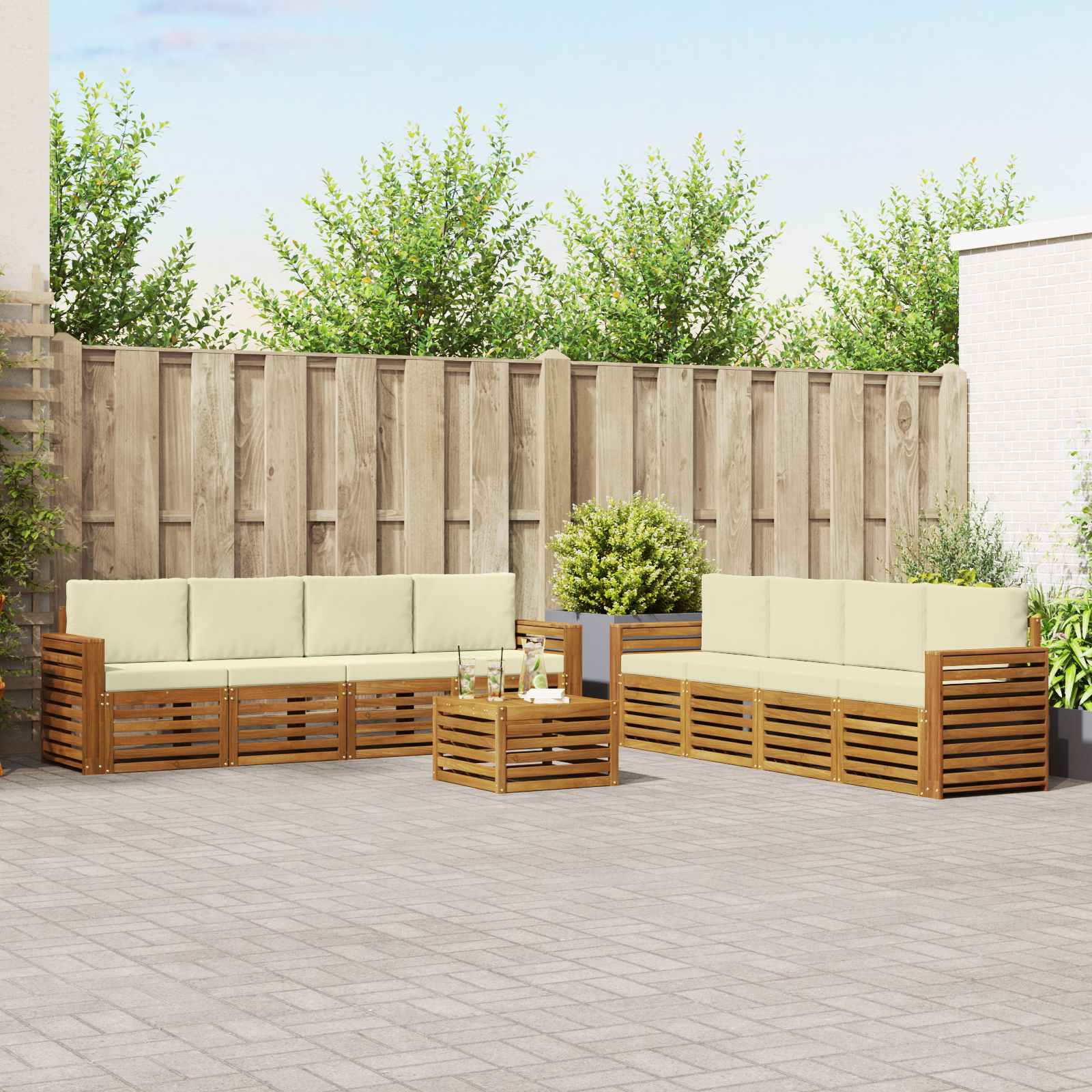 Sofa-Sets 9 pcs Natuurlijk en Crème Massief Acaciahout – afbeelding 1