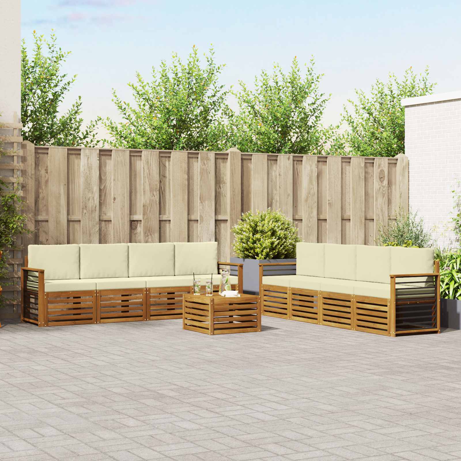 Sofa-Sets 9 pcs Natuurlijk en Crème Massief Acaciahout – afbeelding 1