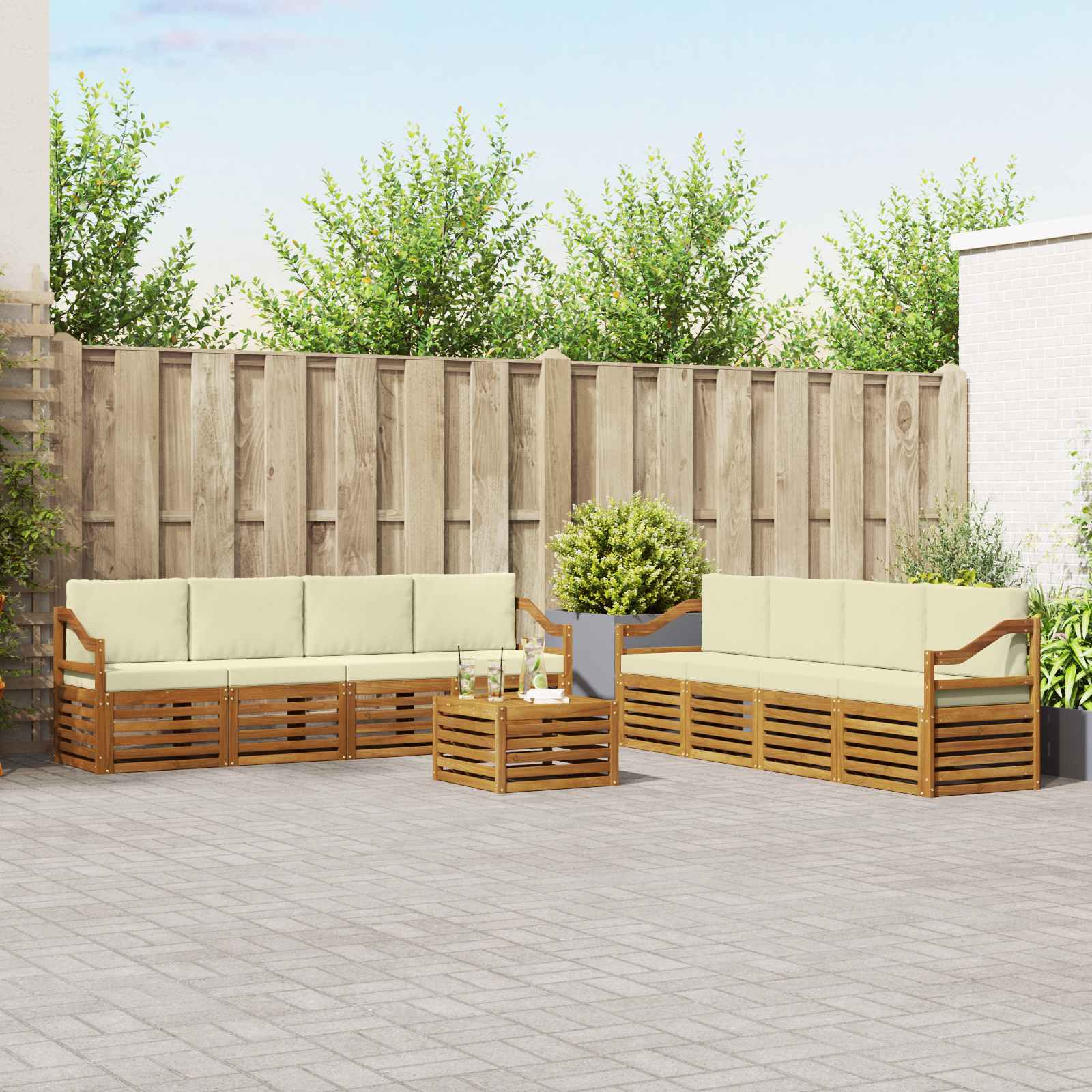 Sofa-Sets 9 pcs Natuurlijk en Crème Massief Acaciahout