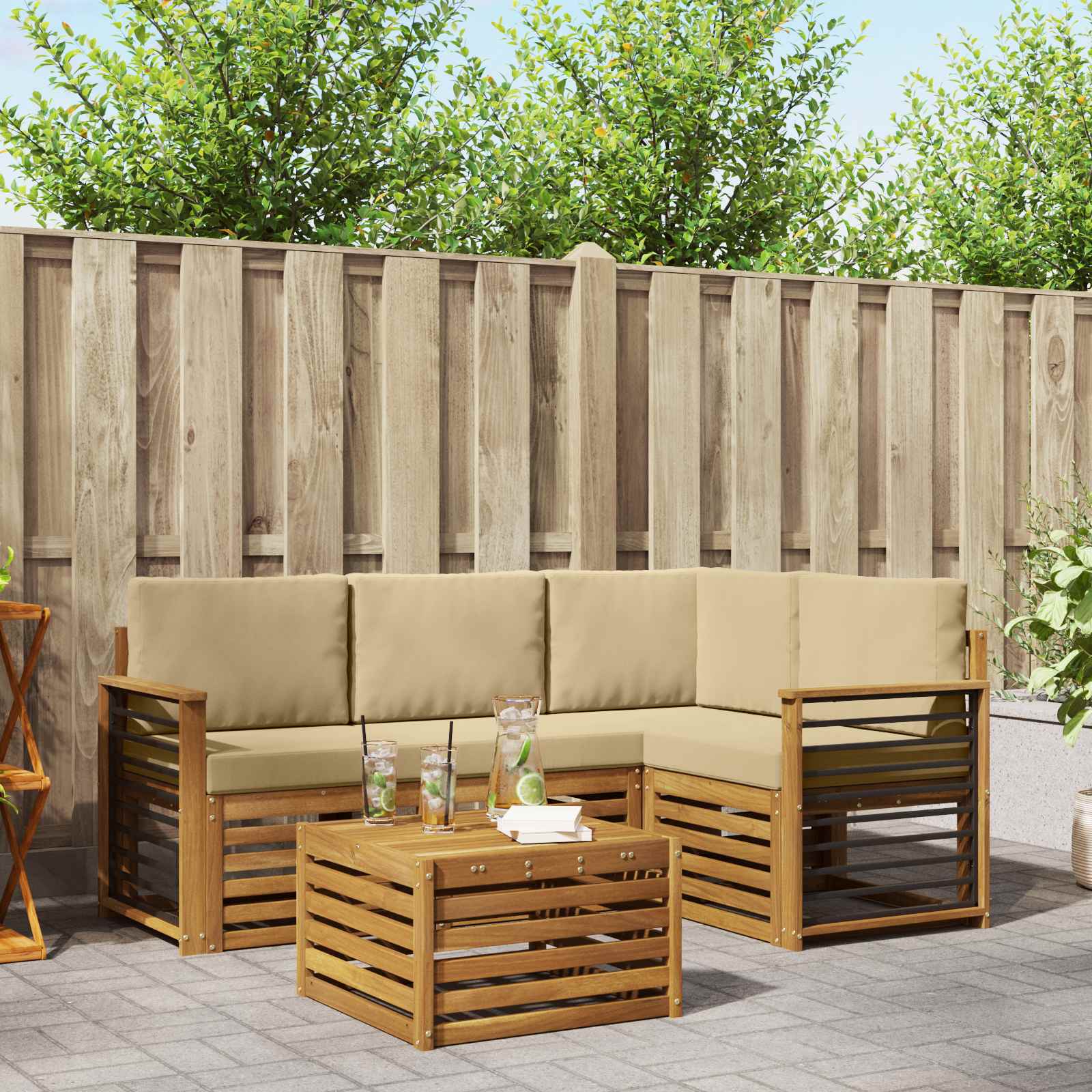 Buiten bankenset met kussen 5 pcs Natuurlijk en Beige