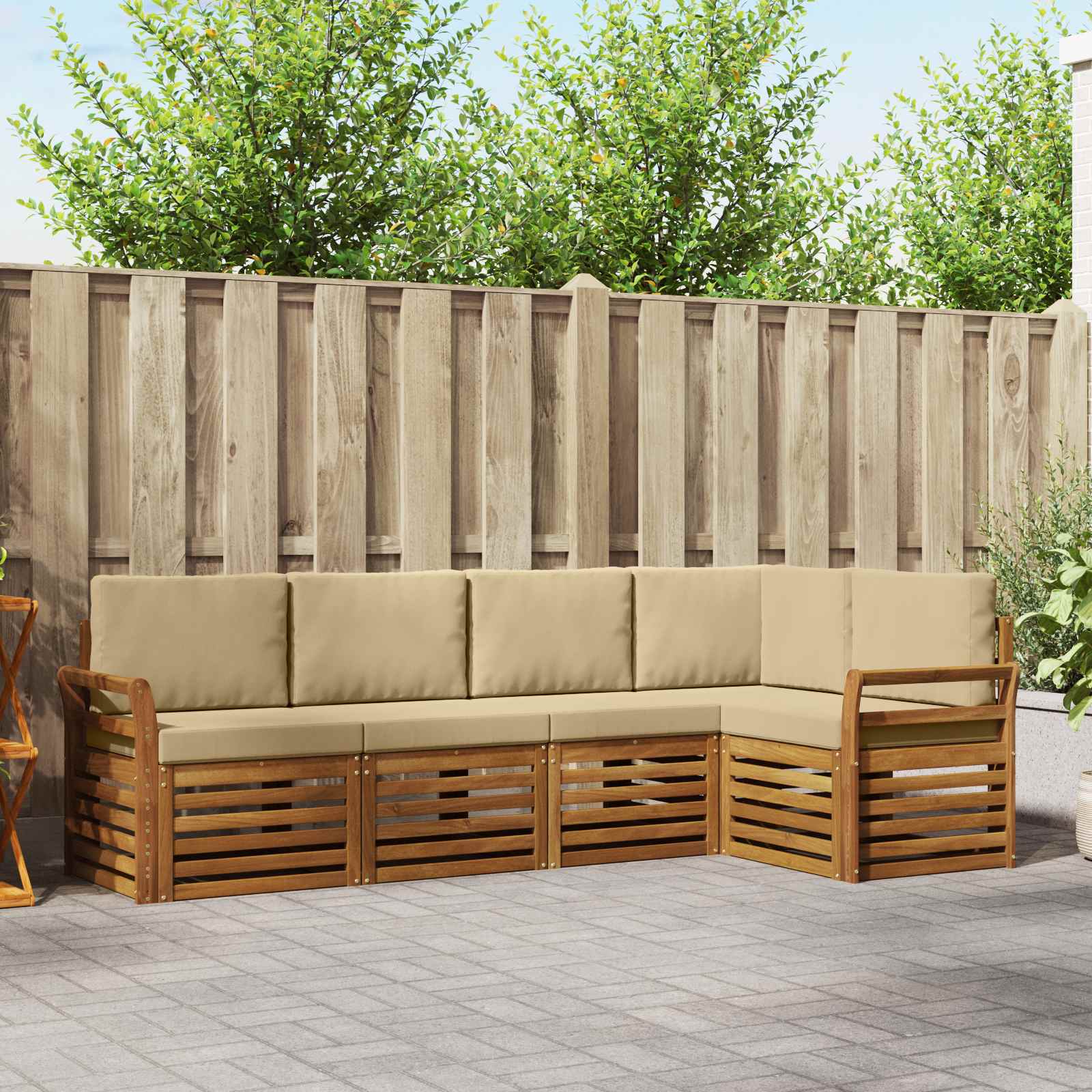 Hoekbank Set 5 pcs Natuurlijk en Beige Massief Acaciahout – afbeelding 1