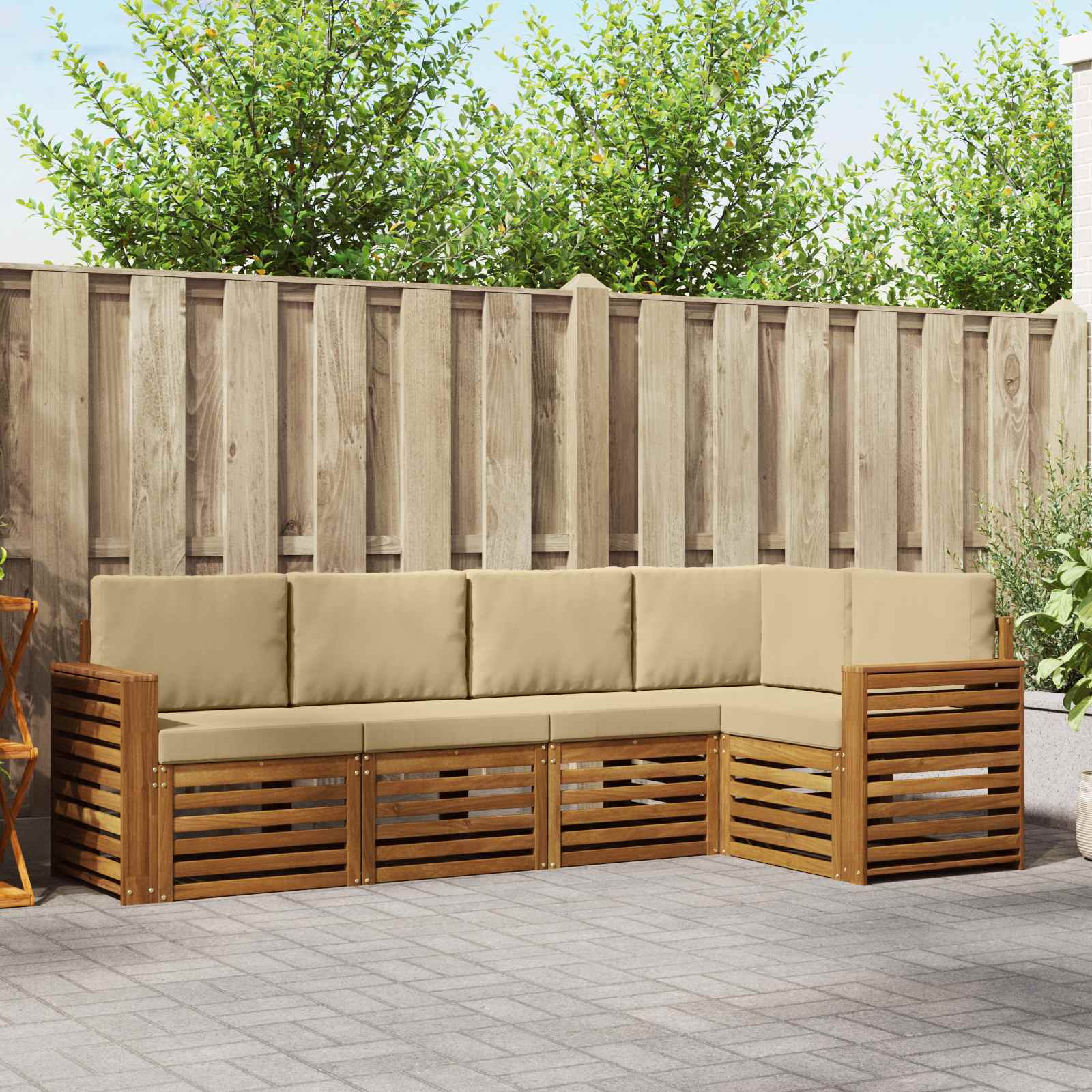 Hoekbank Set 5 pcs Natuurlijk en Beige Massief Acaciahout – afbeelding 1