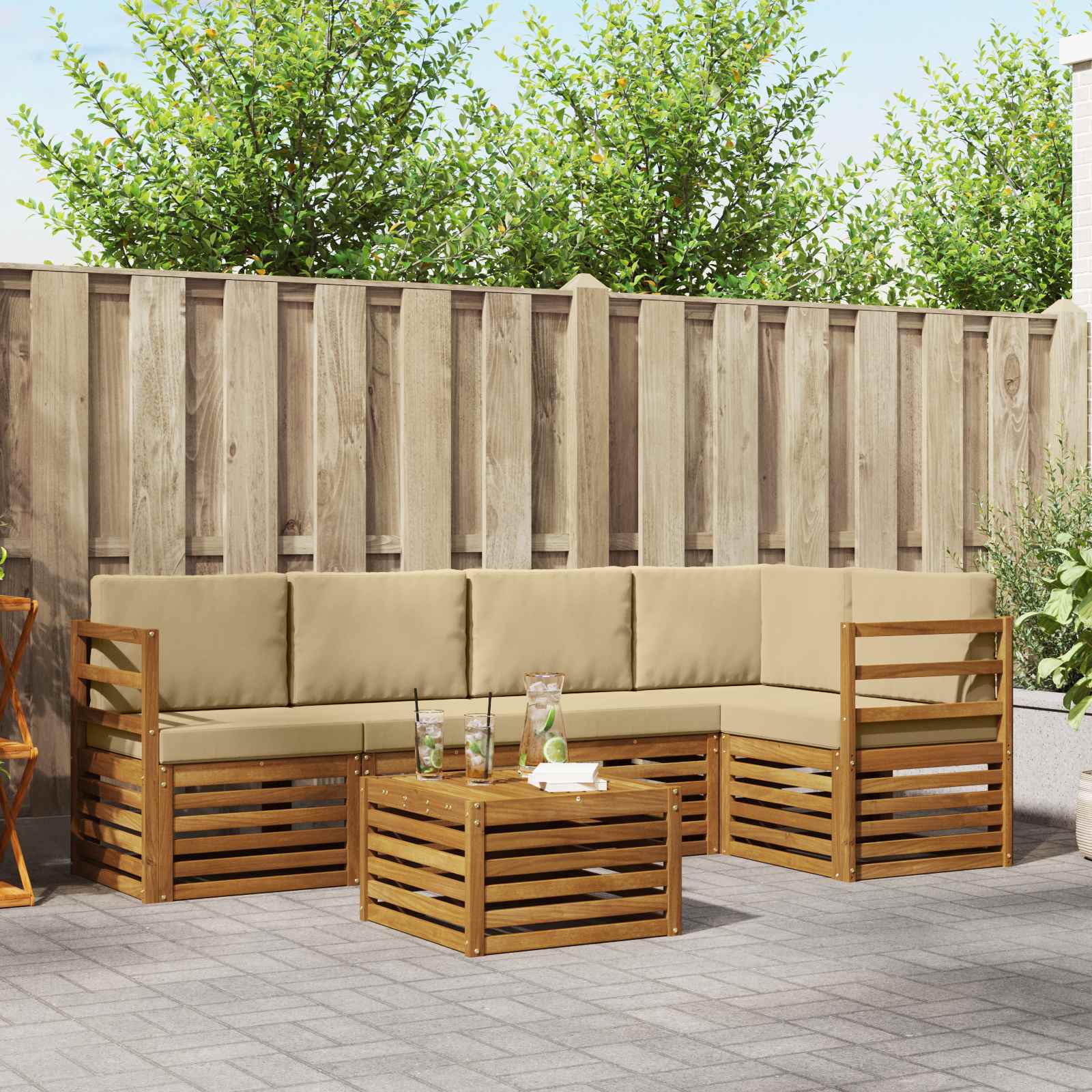 Hoekbank Set 6 pcs Natuurlijk en Beige Massief Acaciahout – afbeelding 1