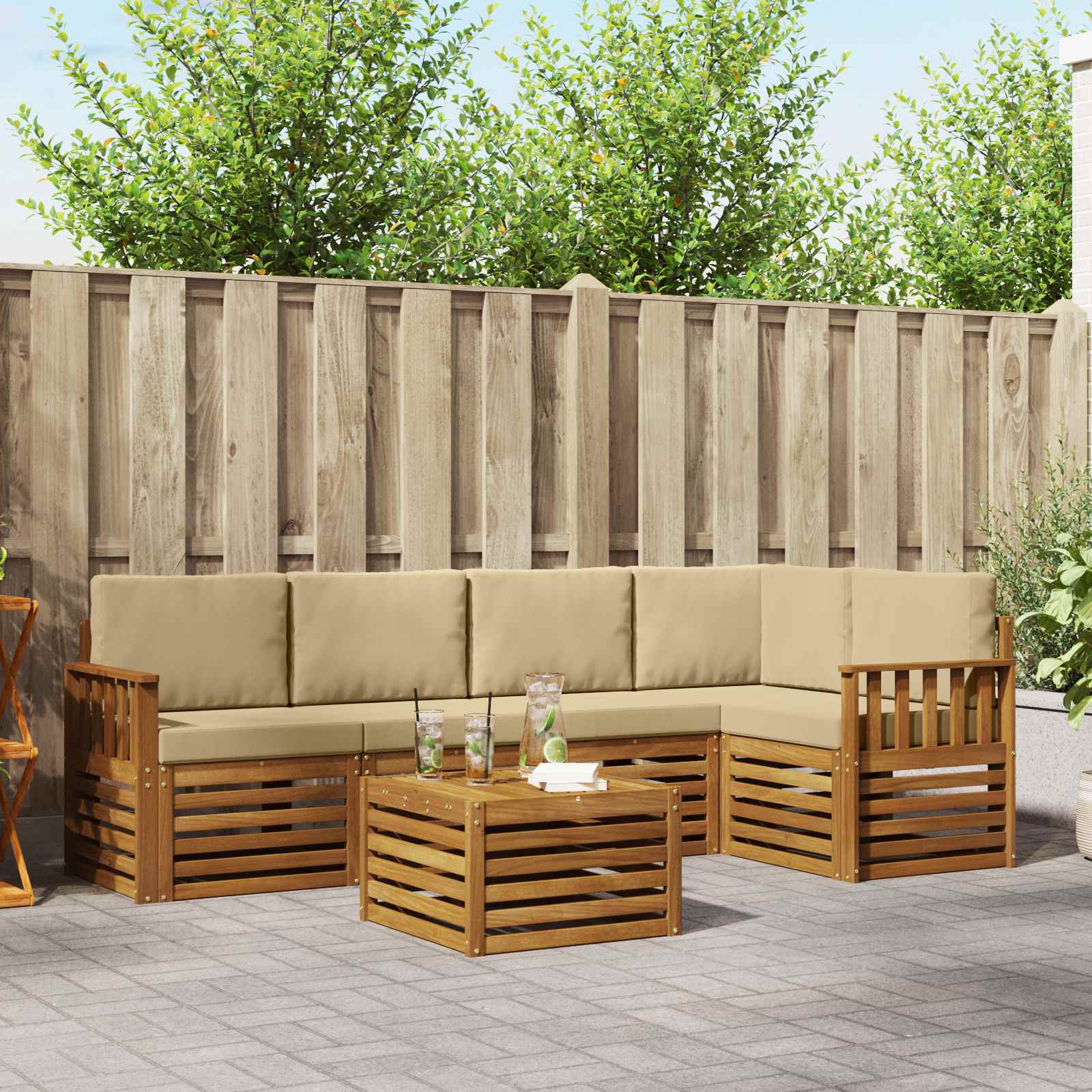 Hoekbank Set 6 pcs Natuurlijk en Beige Massief Acaciahout – afbeelding 1