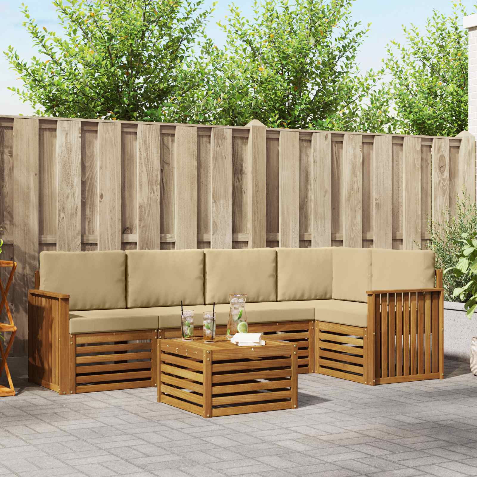 Hoekbank Set 6 pcs Natuurlijk en Beige Massief Acaciahout