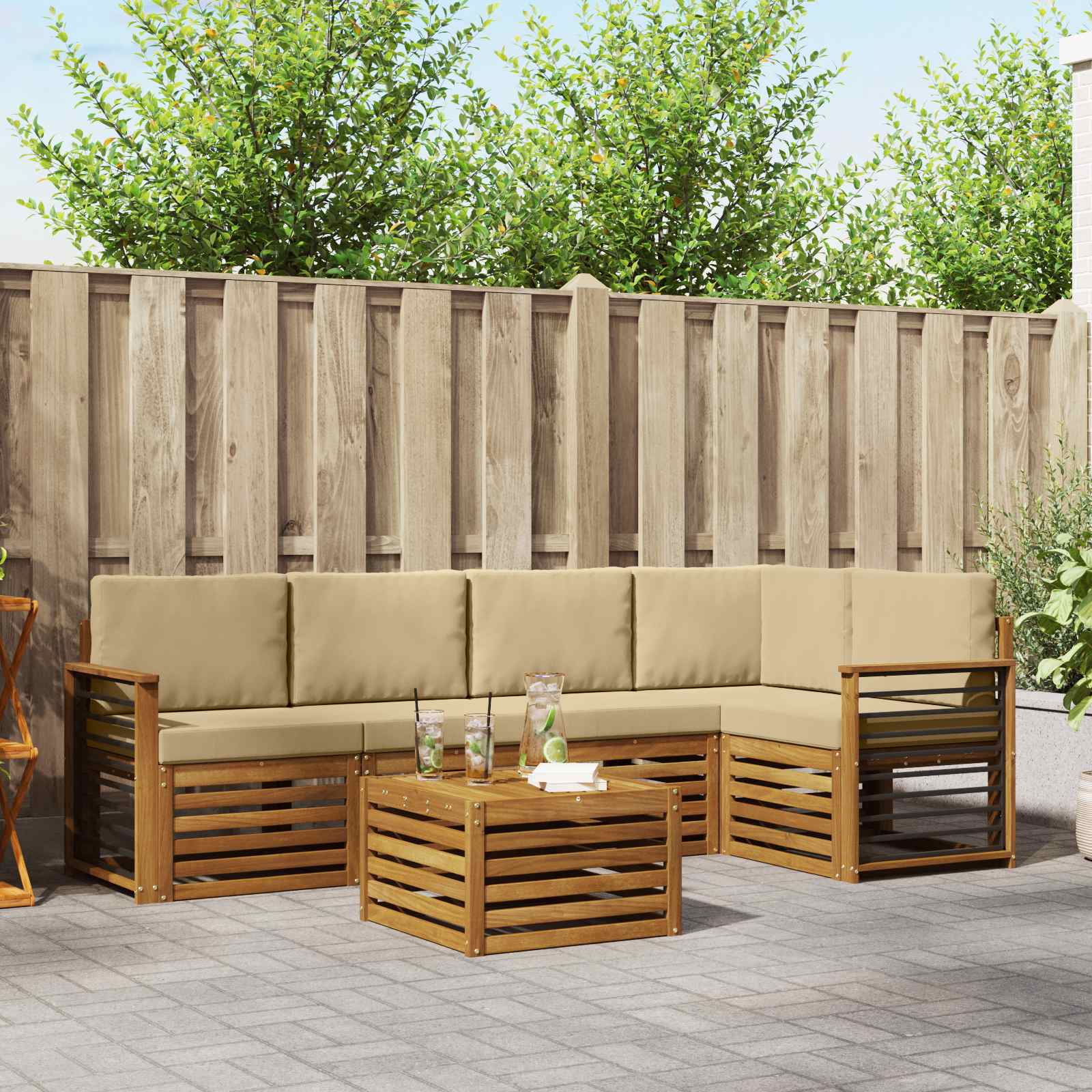 Hoekbank Set 6 pcs Natuurlijk en Beige Massief Acaciahout – afbeelding 1