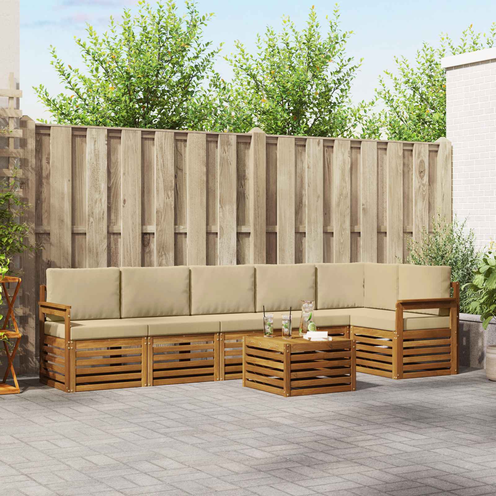 Hoekbank Set 7 pcs Natuurlijk en Beige Massief Acaciahout – afbeelding 1