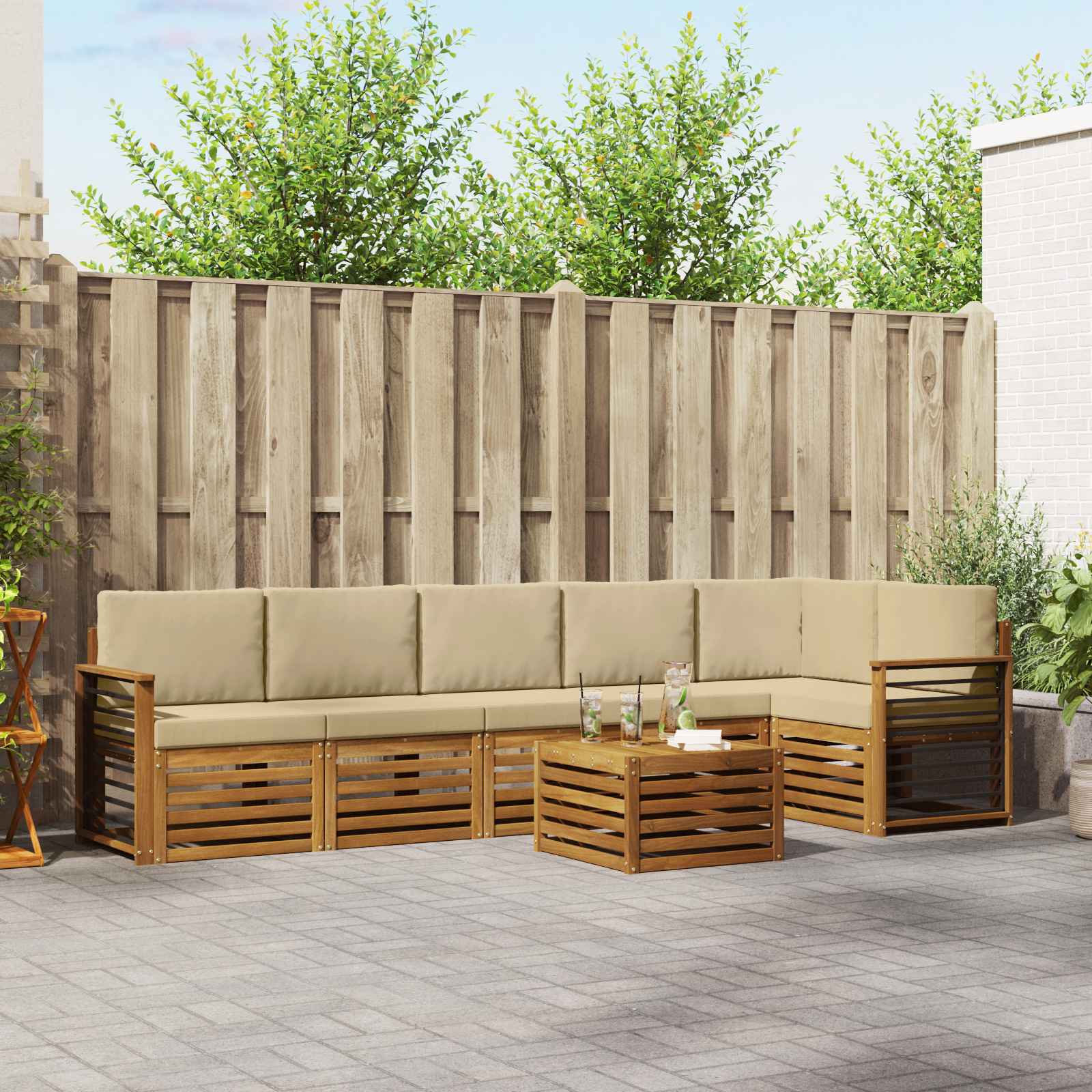 Hoekbank Set 7 pcs Natuurlijk en Beige Massief Acaciahout