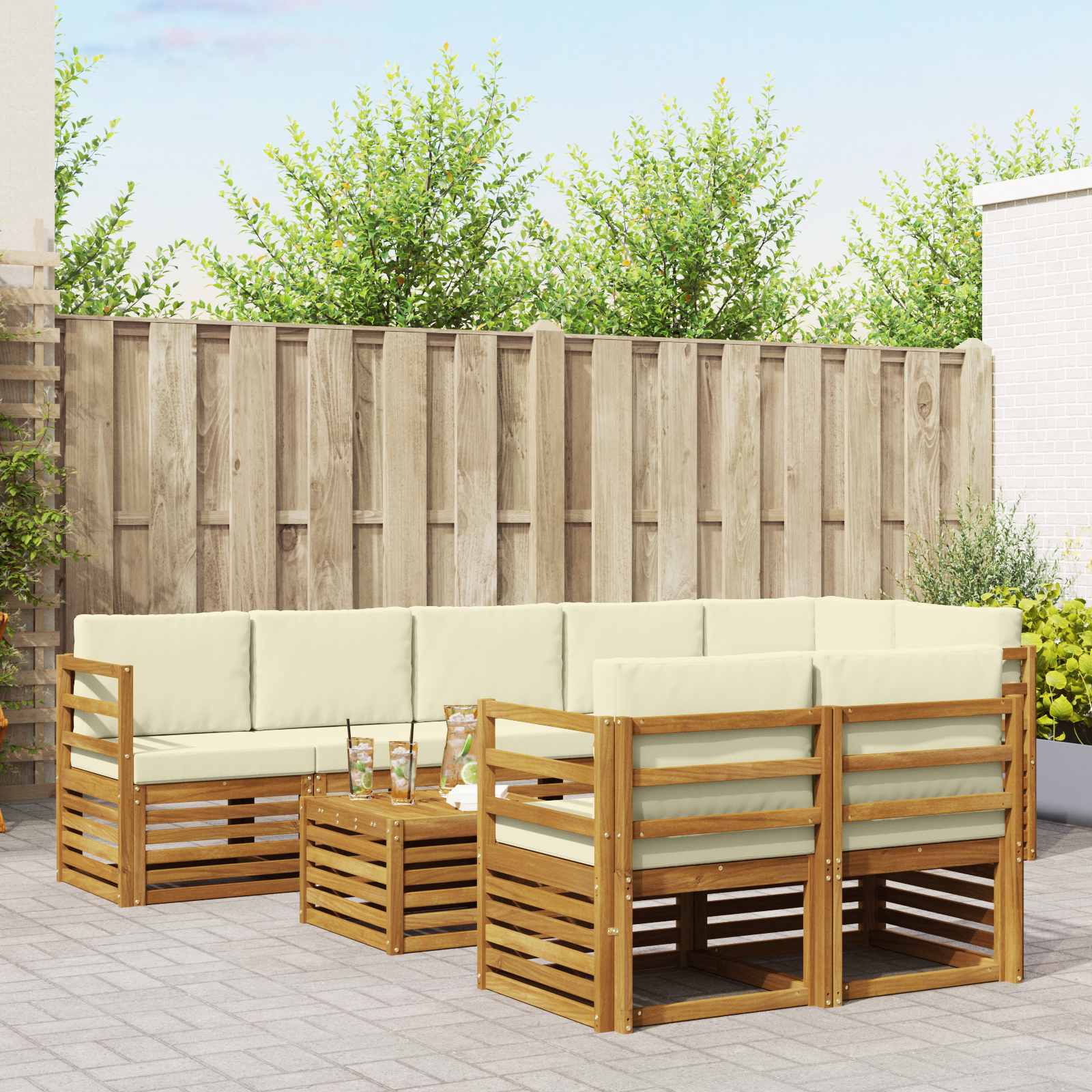 Sofa-Sets 9 pcs Natuurlijk en Crème Massief Acaciahout – afbeelding 1