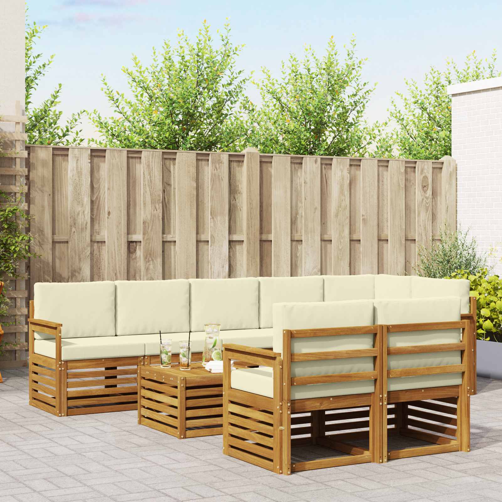Sofa-Sets 9 pcs Natuurlijk en Crème Massief Acaciahout