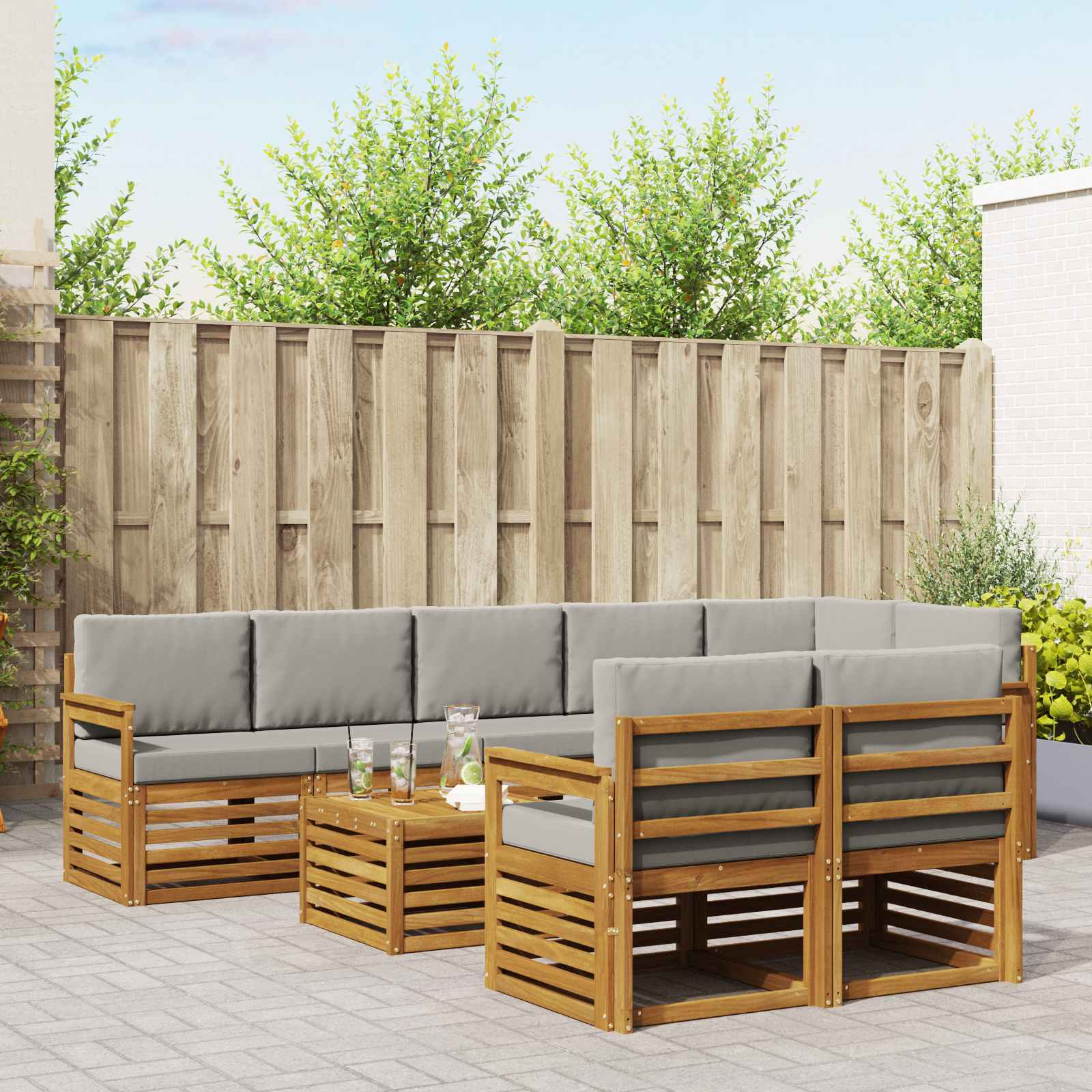Sofa-Sets 9 pcs Natuurlijk en Lichtgrijs Massief Acaciahout
