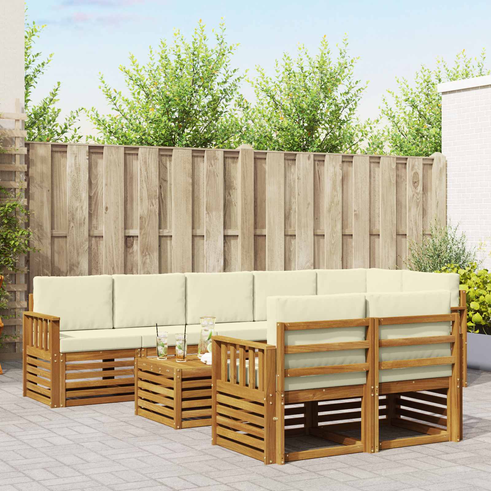 Sofa-Sets 9 pcs Natuurlijk en Crème Massief Acaciahout – afbeelding 1
