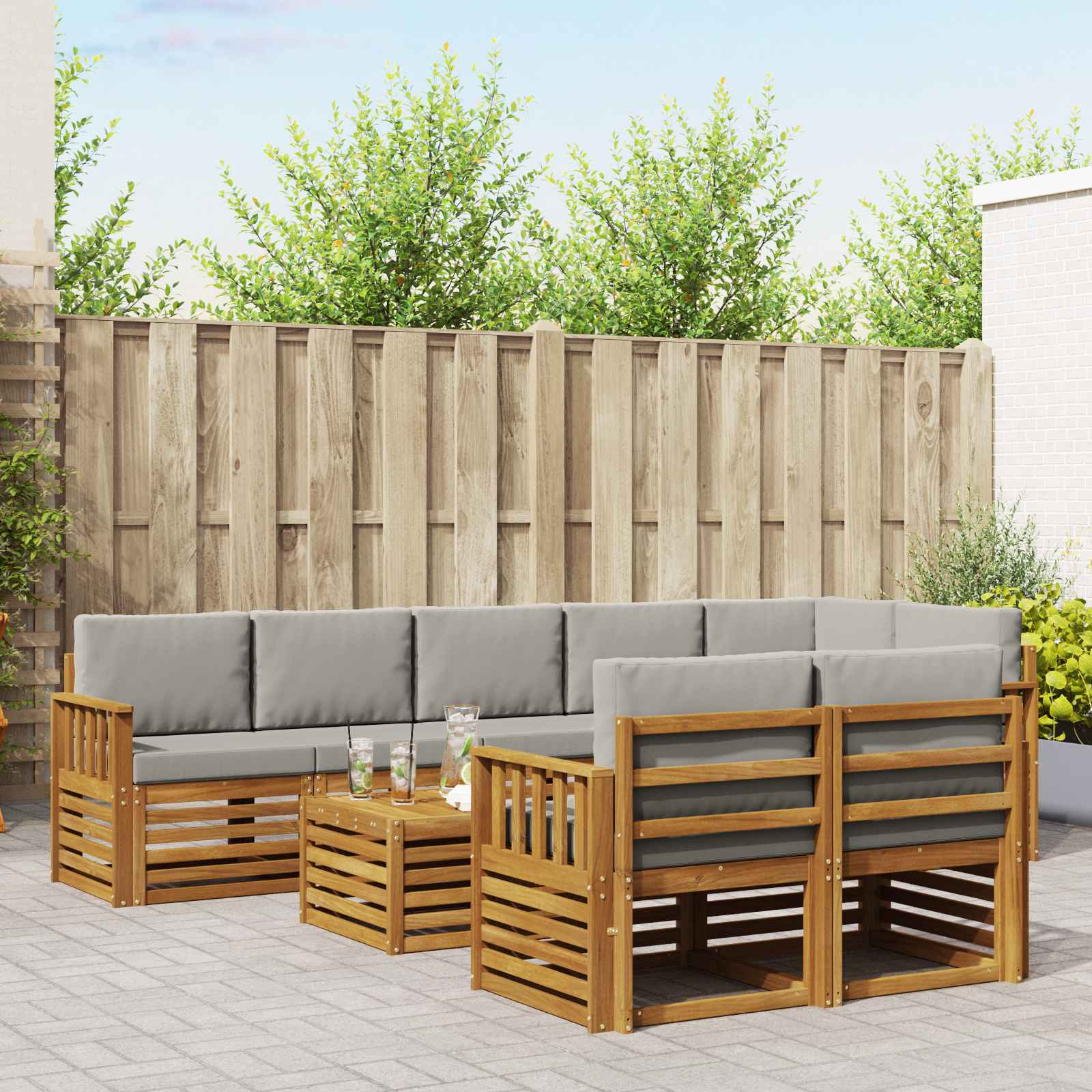 Sofa-Sets 9 pcs Natuurlijk en Lichtgrijs Massief Acaciahout – afbeelding 1