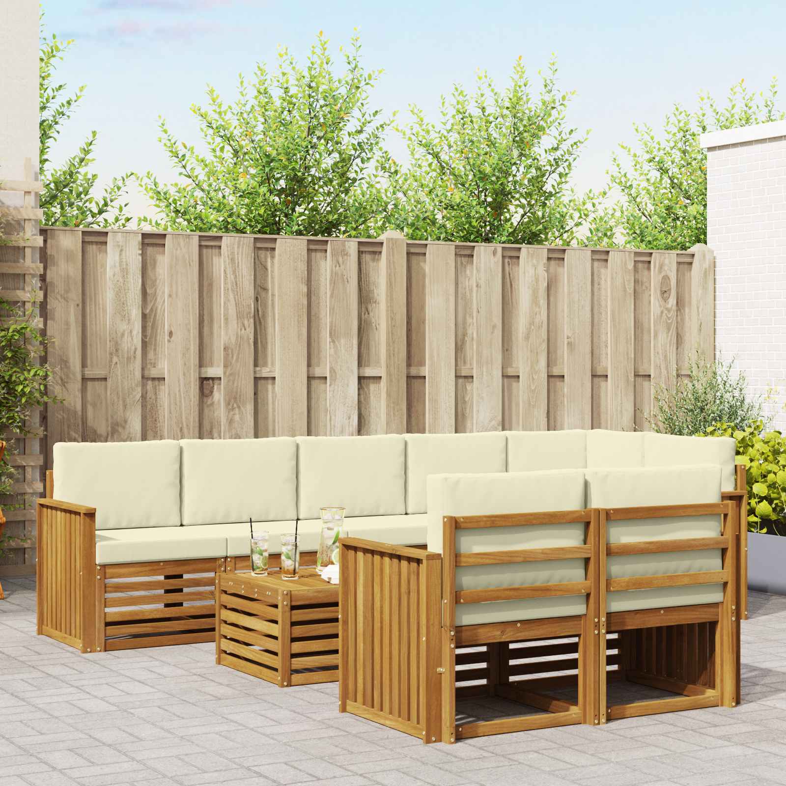 Sofa-Sets 9 pcs Natuurlijk en Crème Massief Acaciahout