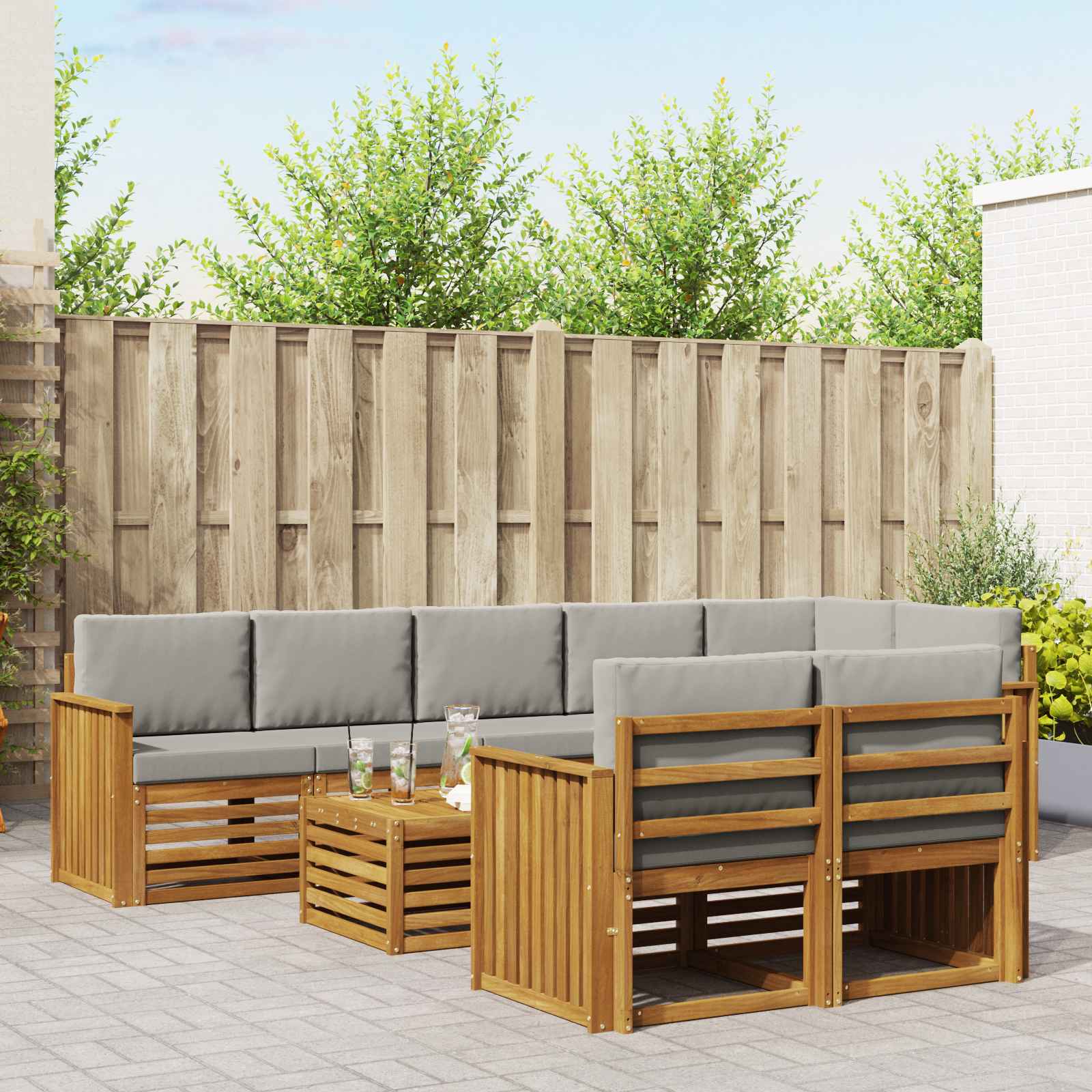 Sofa-Sets 9 pcs Natuurlijk en Lichtgrijs Massief Acaciahout – afbeelding 1