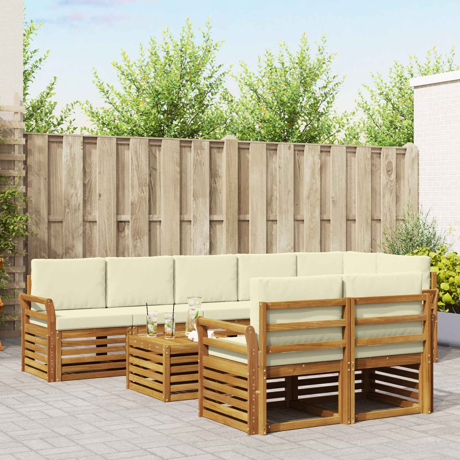 Sofa-Sets 9 pcs Natuurlijk en Crème Massief Acaciahout