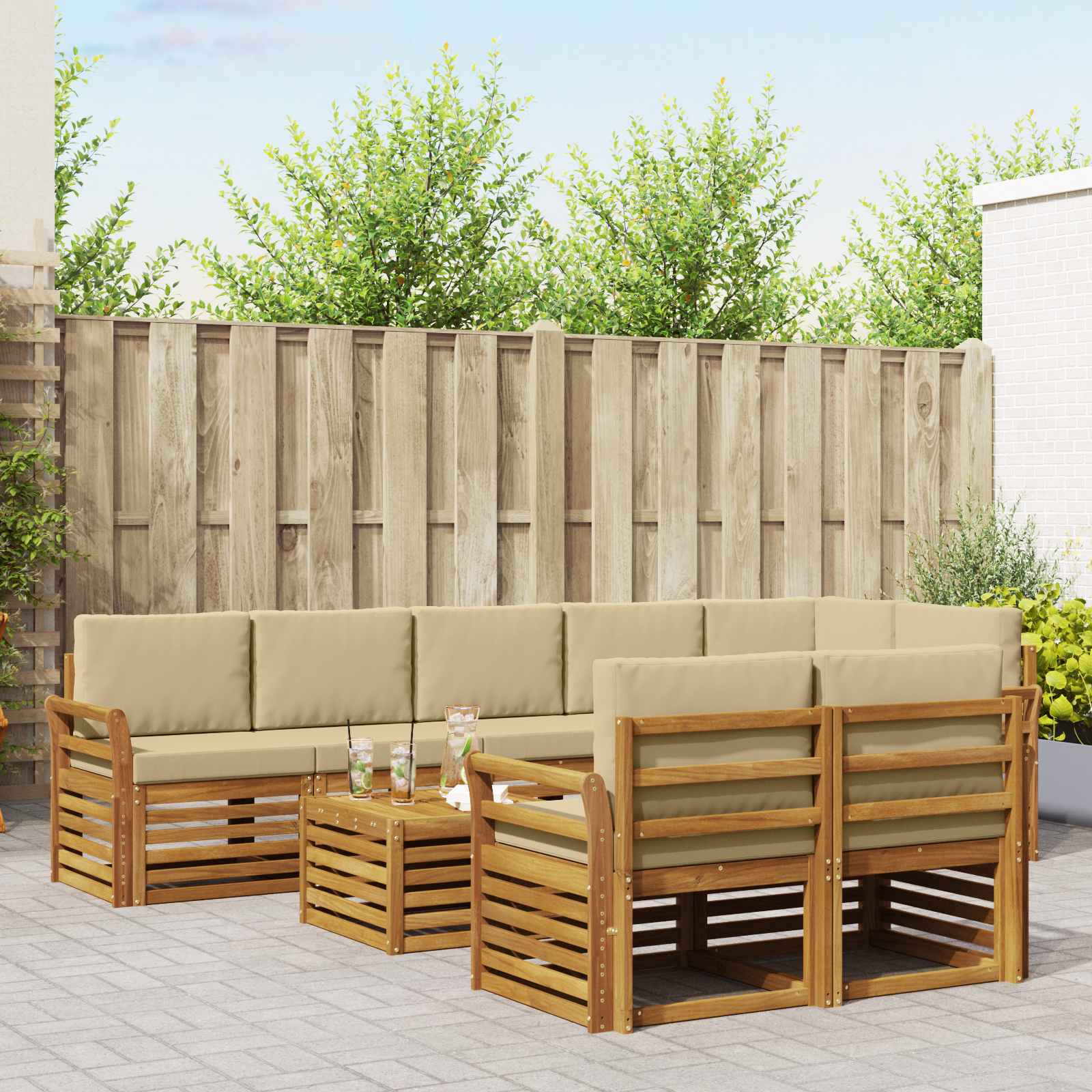 Sofa-Sets 9 pcs Natuurlijk en Beige Massief Acaciahout