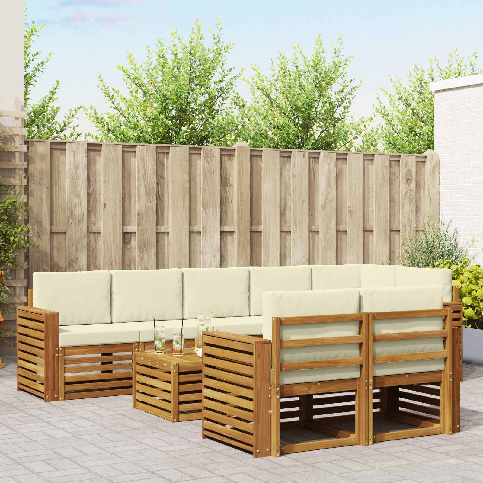 Sofa-Sets 9 pcs Natuurlijk en Crème Massief Acaciahout