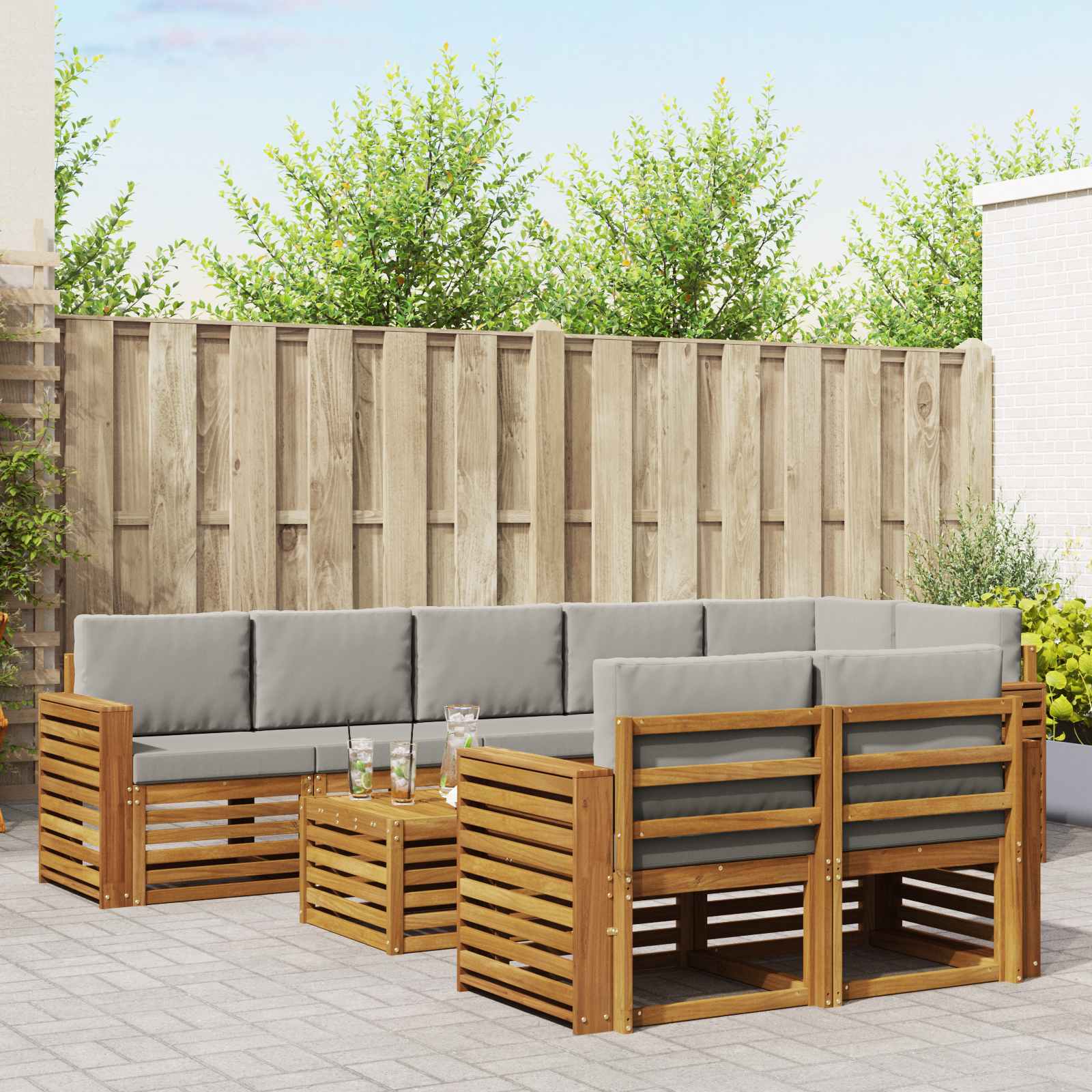 Sofa-Sets 9 pcs Natuurlijk en Lichtgrijs Massief Acaciahout – afbeelding 1