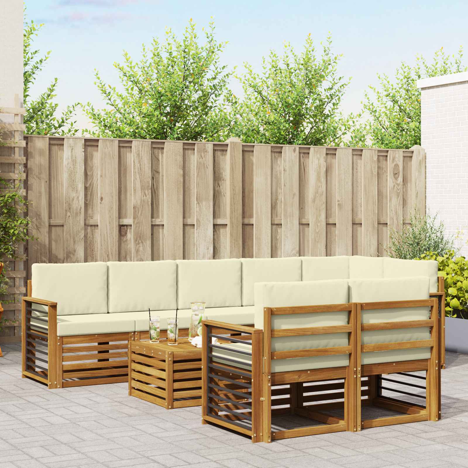 Sofa-Sets 9 pcs Natuurlijk en Crème Massief Acaciahout – afbeelding 1