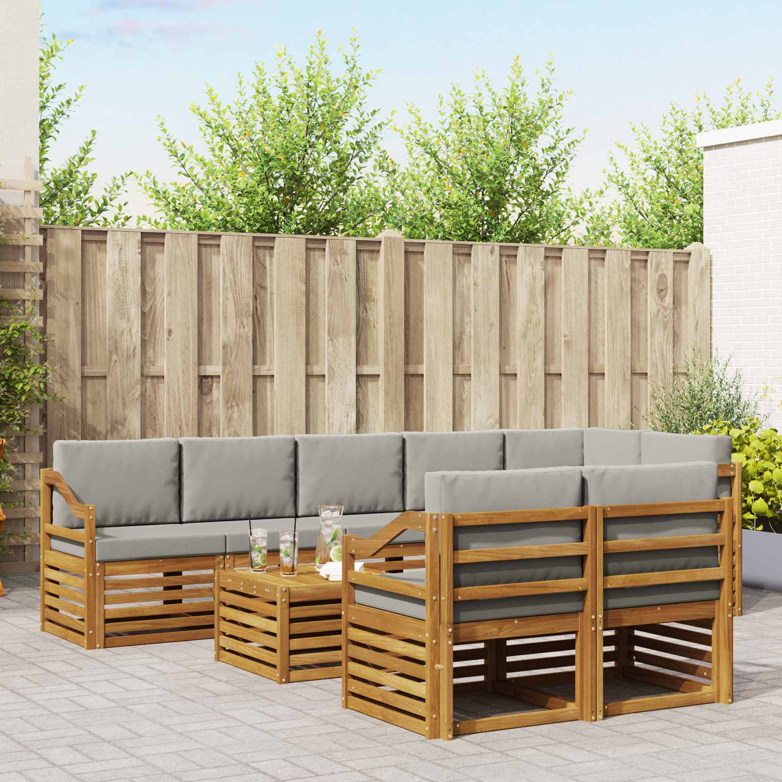 Sofa-Sets 9 pcs Natuurlijk en Lichtgrijs Massief Acaciahout