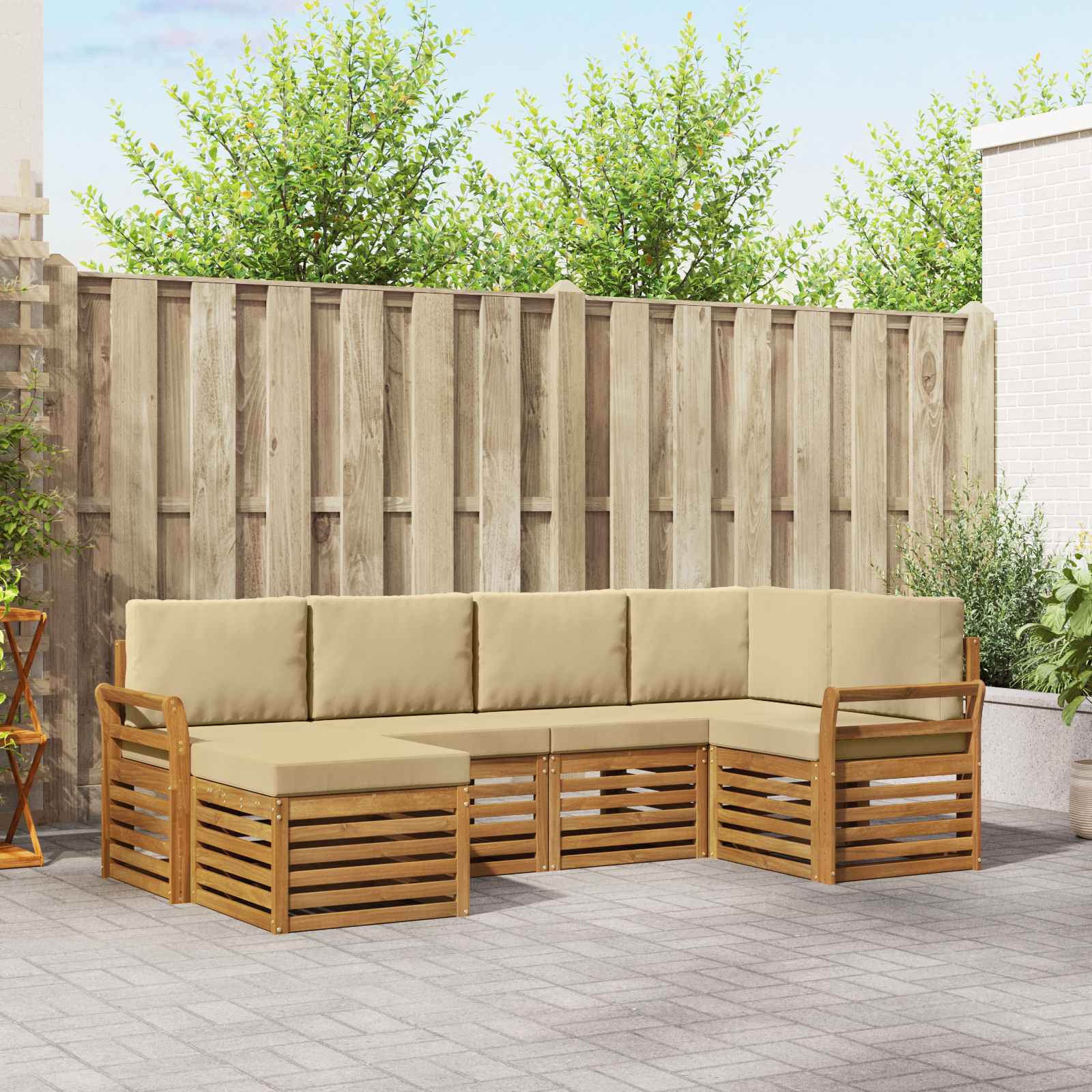 Hoekbank Set 6 pcs Natuurlijk en Beige Massief Acaciahout – afbeelding 1