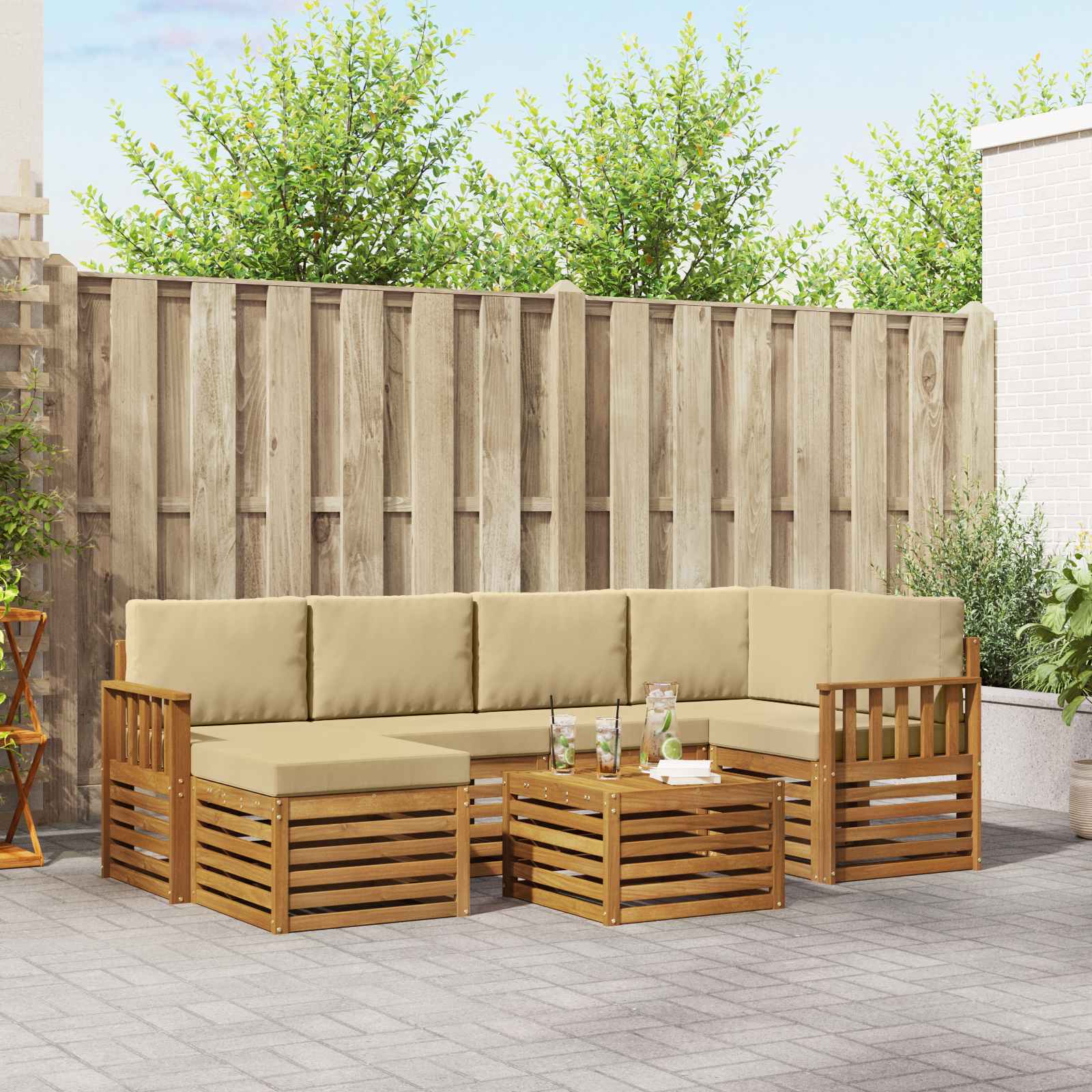 Hoekbank Set 7 pcs Natuurlijk en Beige Massief Acaciahout – afbeelding 1