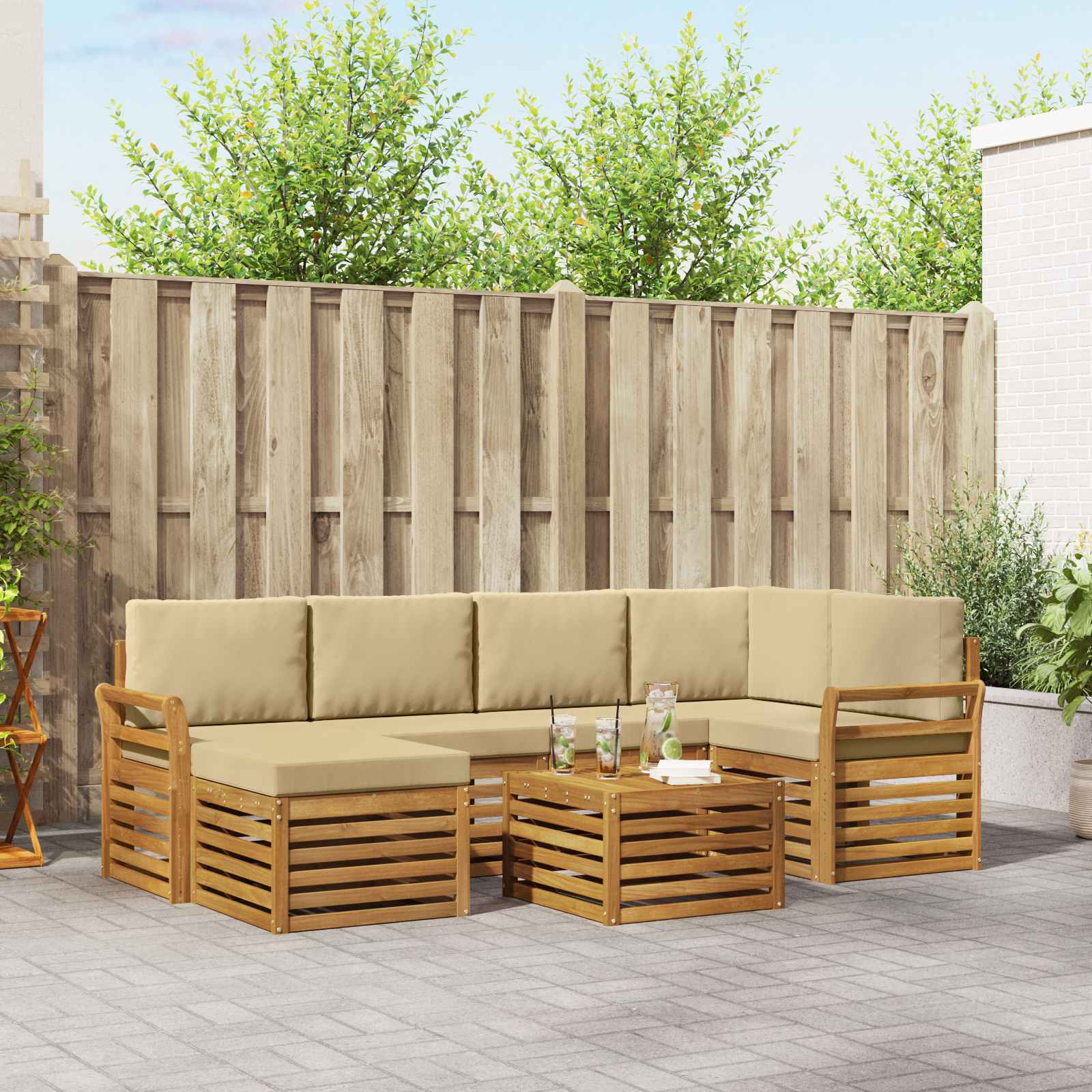 Hoekbank Set 7 pcs Natuurlijk en Beige Massief Acaciahout – afbeelding 1