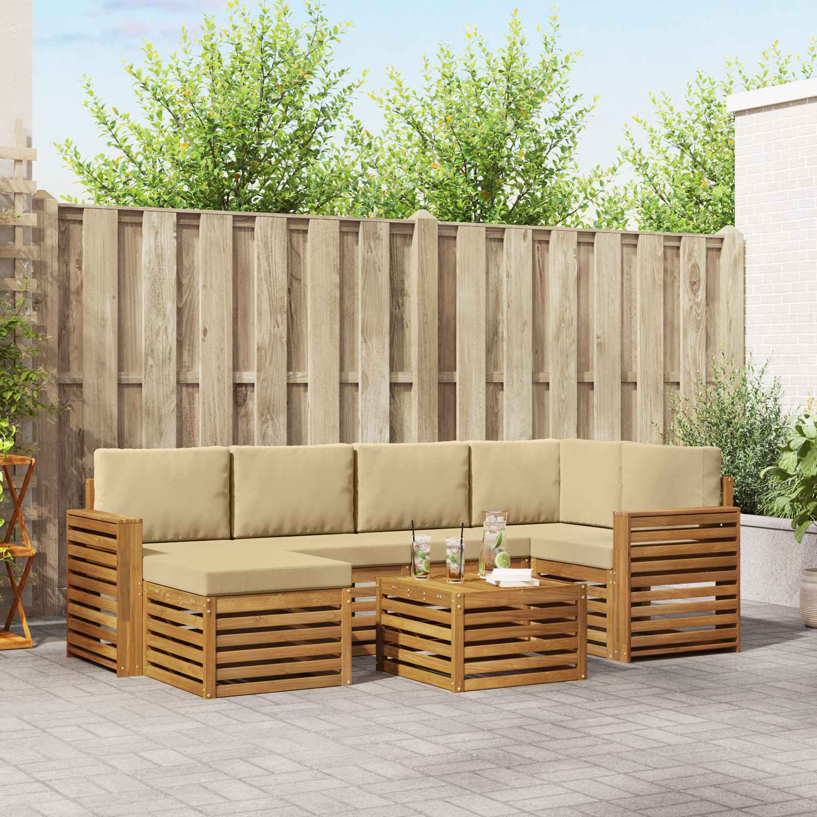 Hoekbank Set 7 pcs Natuurlijk en Beige Massief Acaciahout – afbeelding 1