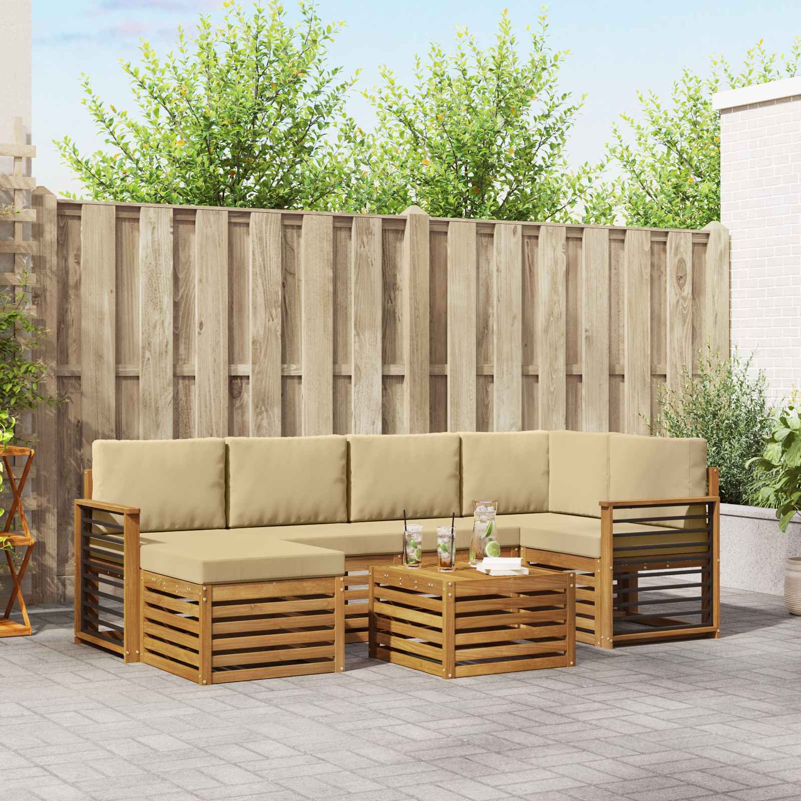 Hoekbank Set 7 pcs Natuurlijk en Beige Massief Acaciahout – afbeelding 1