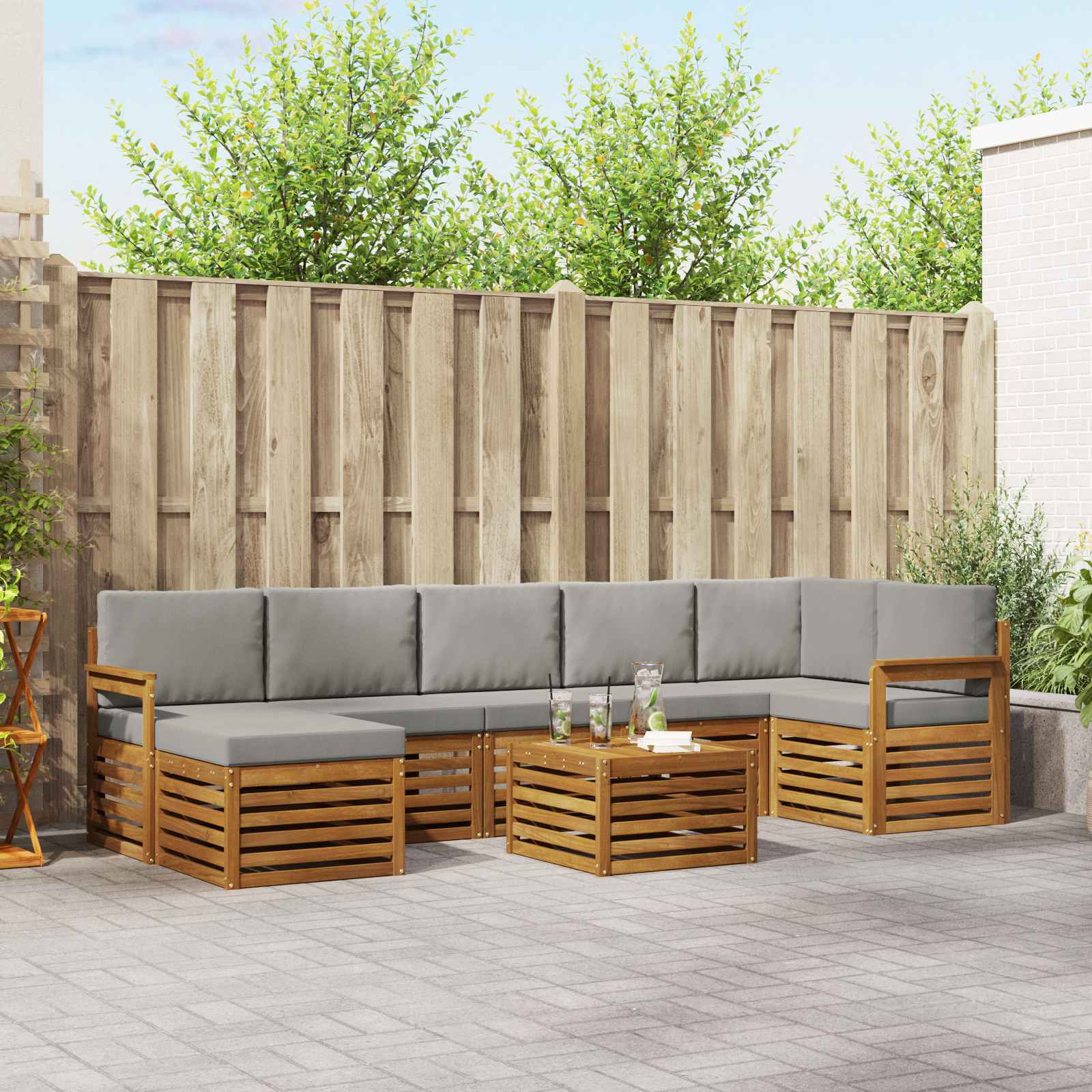 Buiten bankenset met kussen 8 pcs Natuurlijk en Lichtgrijs