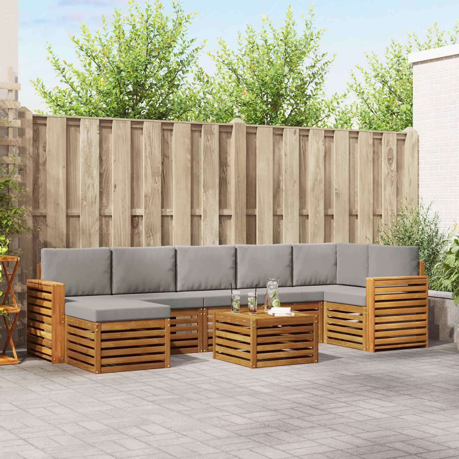 Buiten bankenset met kussen 8 pcs Natuurlijk en Lichtgrijs
