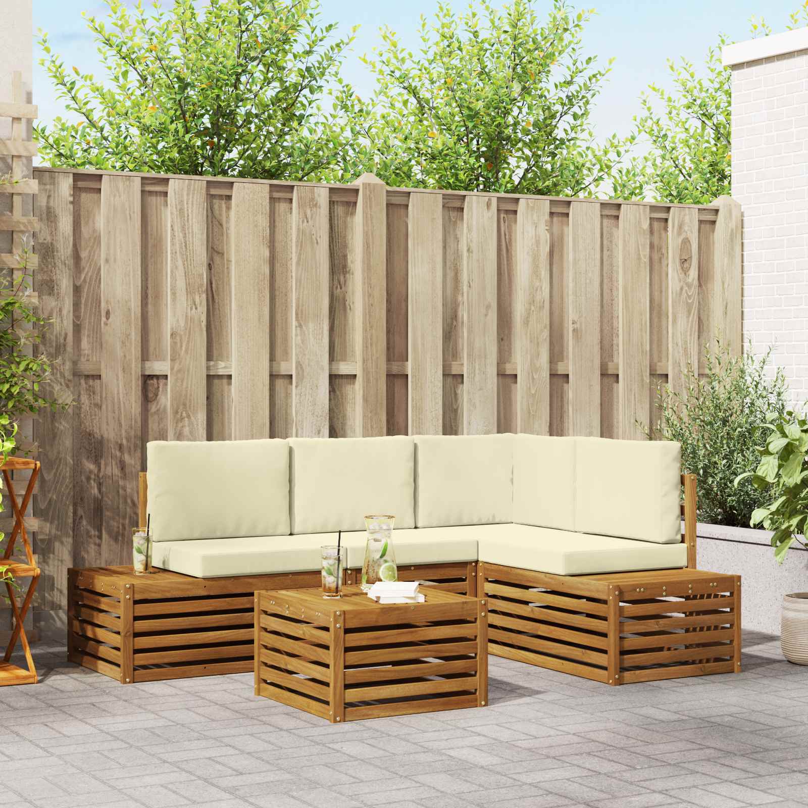 Buiten bankenset met kussen Natuurlijk en Crème 59 x 59 x 37 cm – afbeelding 1