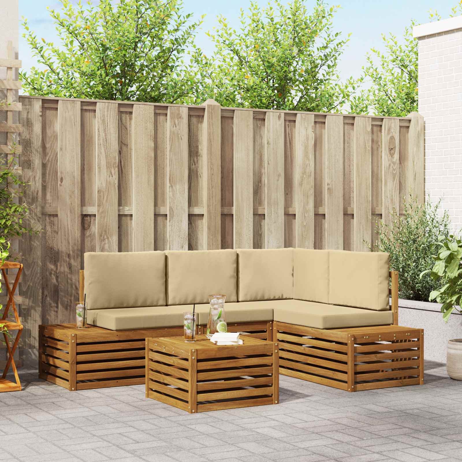 Buiten bankenset met kussen Natuurlijk en Beige 59 x 59 x 37 cm – afbeelding 1