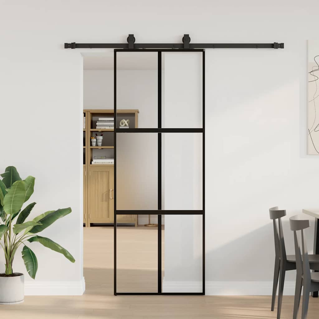 Schuifdeur met beslagset 76x205 cm gehard glas zwart