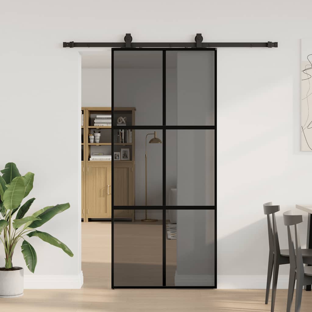 Schuifdeur met beslagset 90x205 cm gehard glas zwart