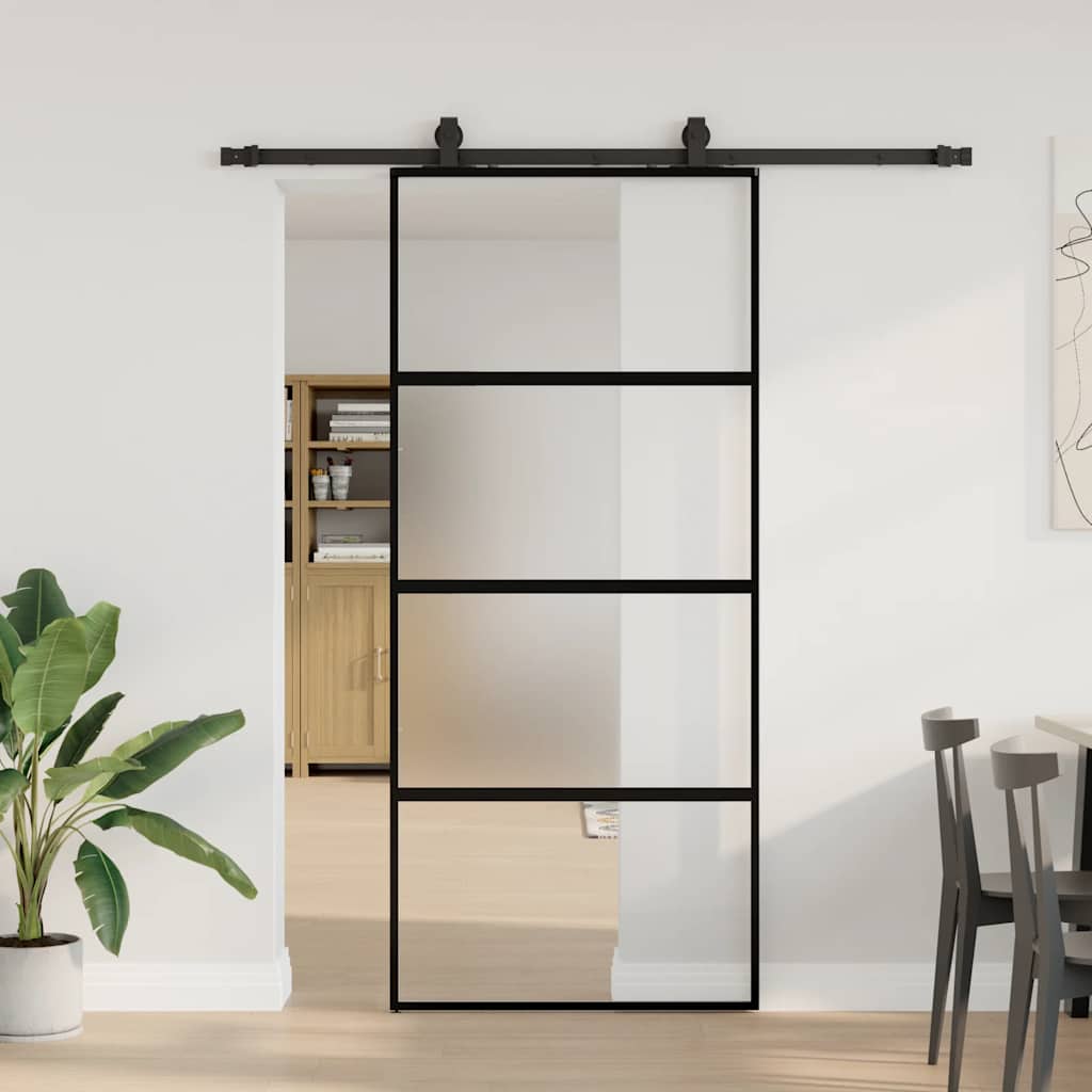 Schuifdeur met beslagset 90x205 cm gehard glas zwart – afbeelding 1