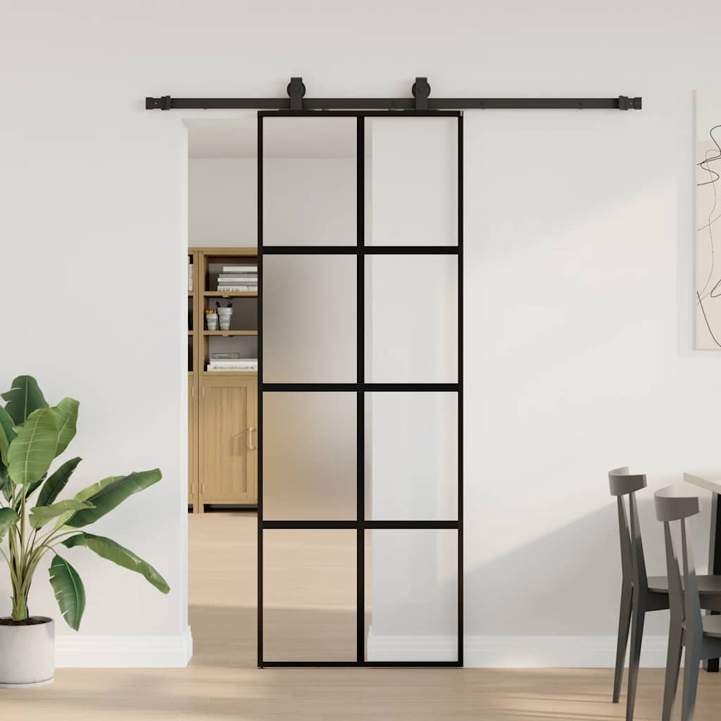 Schuifdeur met beslagset 76x205 cm gehard glas zwart