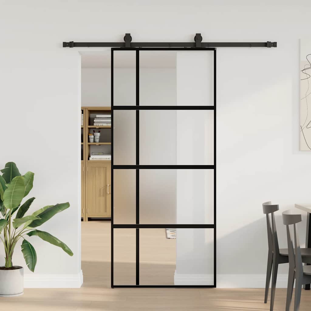 Schuifdeur met beslagset 90x205 cm gehard glas zwart