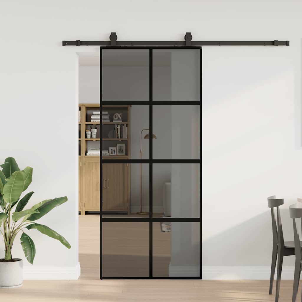 Schuifdeur met beslagset 90x205 cm gehard glas zwart – afbeelding 1