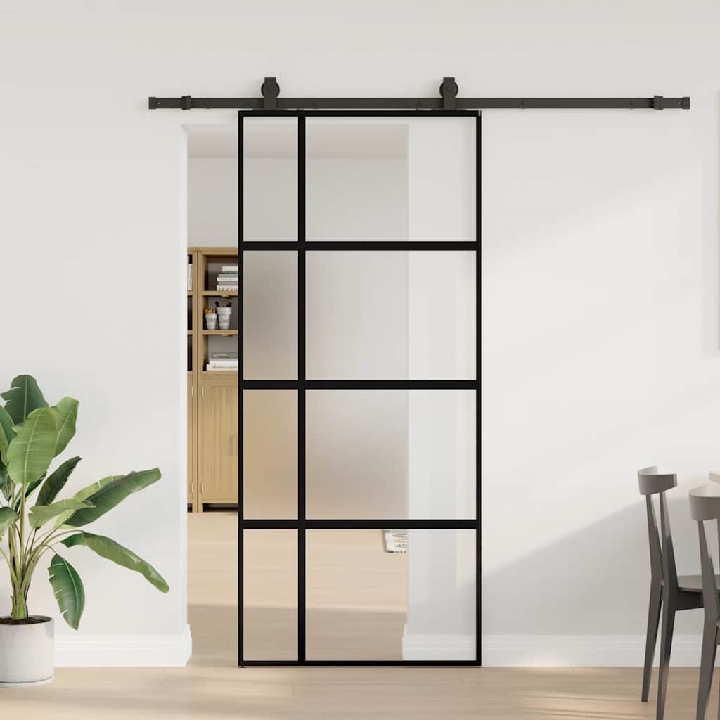 Schuifdeur met beslagset 90x205 cm gehard glas zwart – afbeelding 1