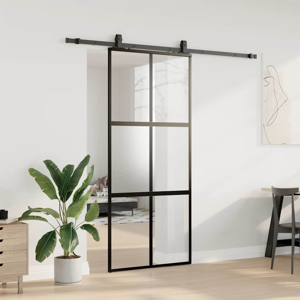 Schuifdeur met beslagset 90x205 cm gehard glas zwart – afbeelding 3