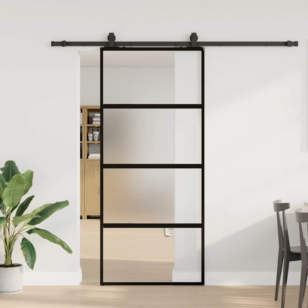 Schuifdeur met beslagset 76x205 cm gehard glas zwart