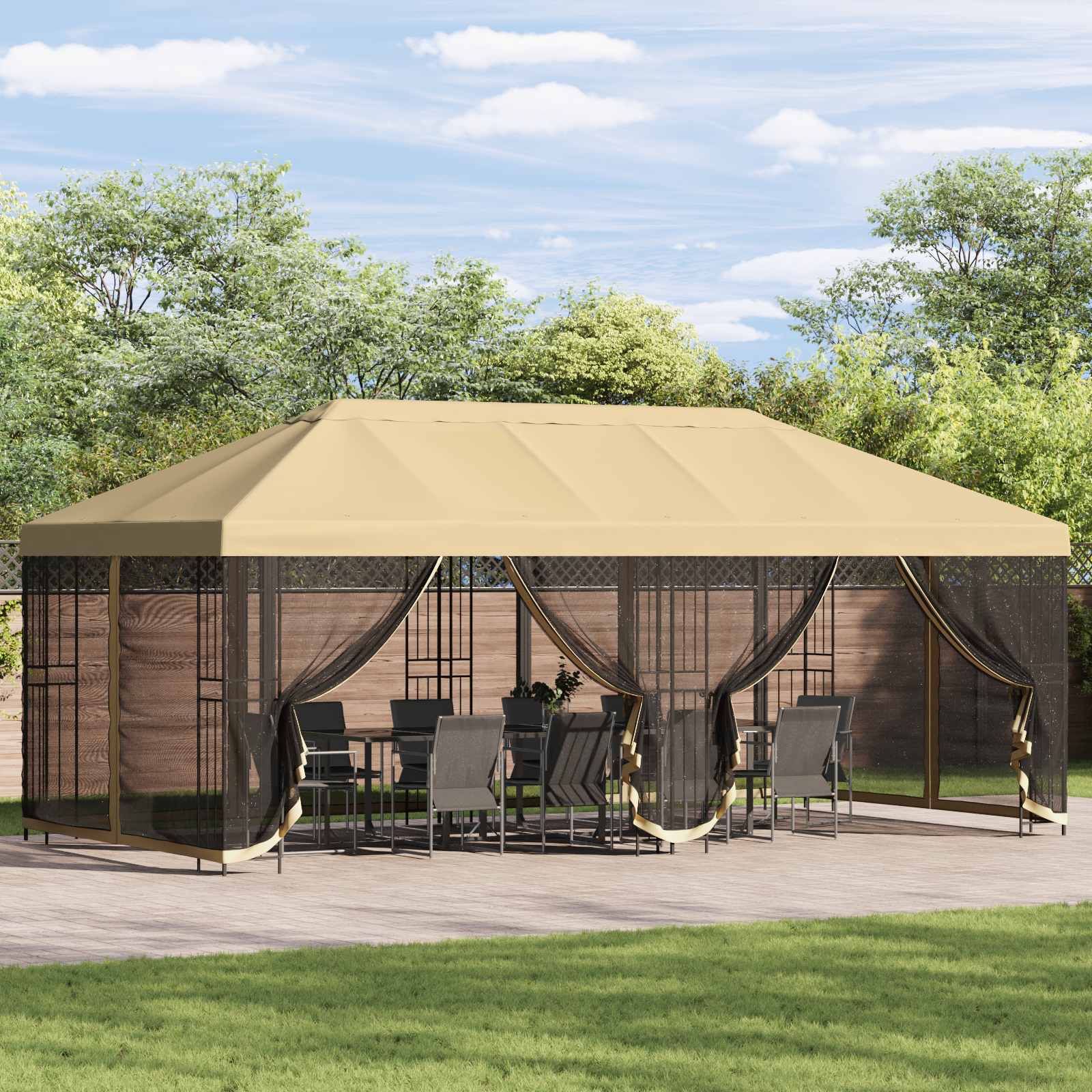 Paviljoen met zijwanden 6 x 3 m Crèmekleurig Polyester en staal