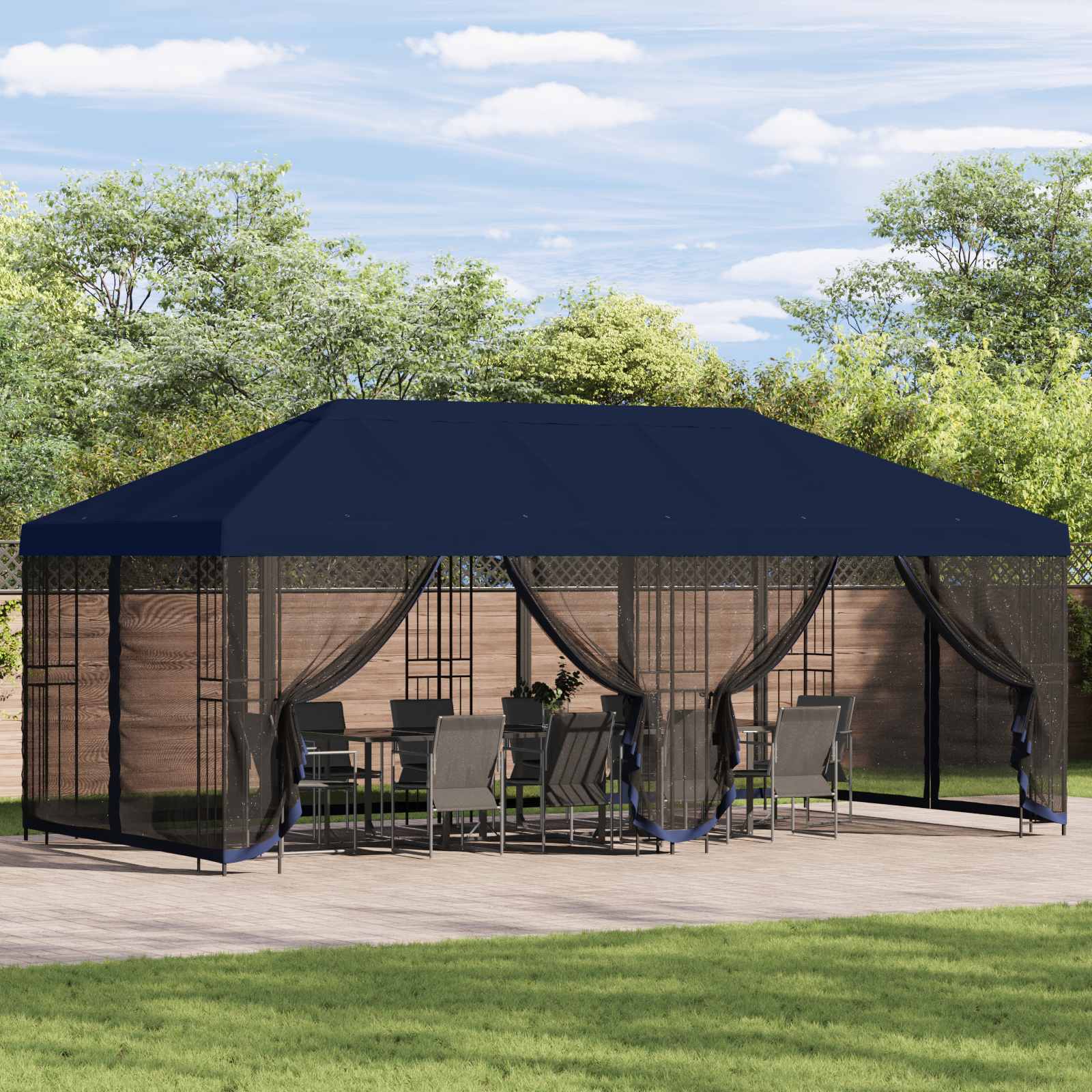 Paviljoen met zijwanden 6 x 3 m Blauw Polyester en staal 190 – afbeelding 1